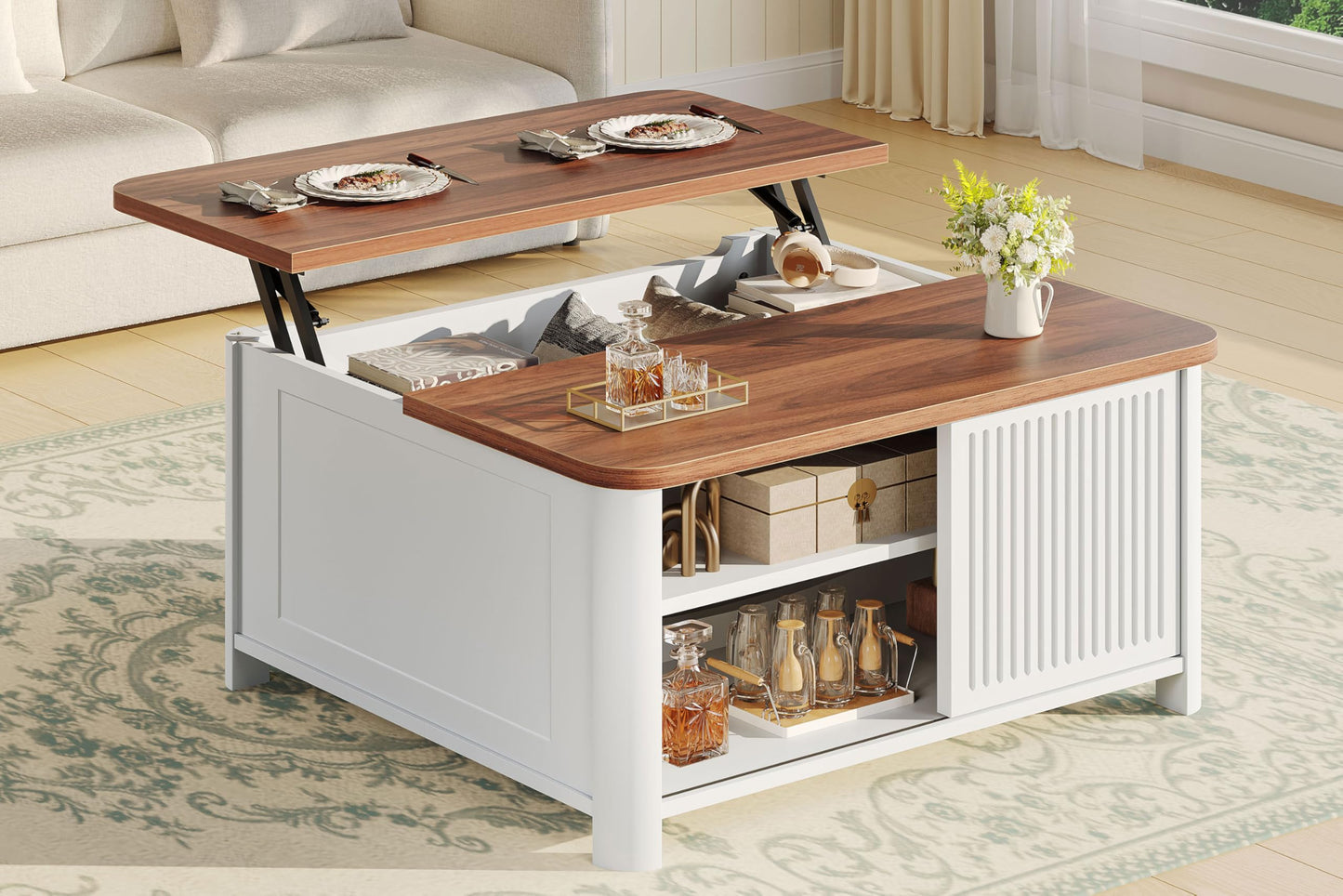 Decofy Lift Top Coffee Table with Storage, 31.5" Mid Century Modern Square Coffee Tables for Living Room, Large Hidden Storage Compartment, Adjustable Shelves & Sliding Door, White