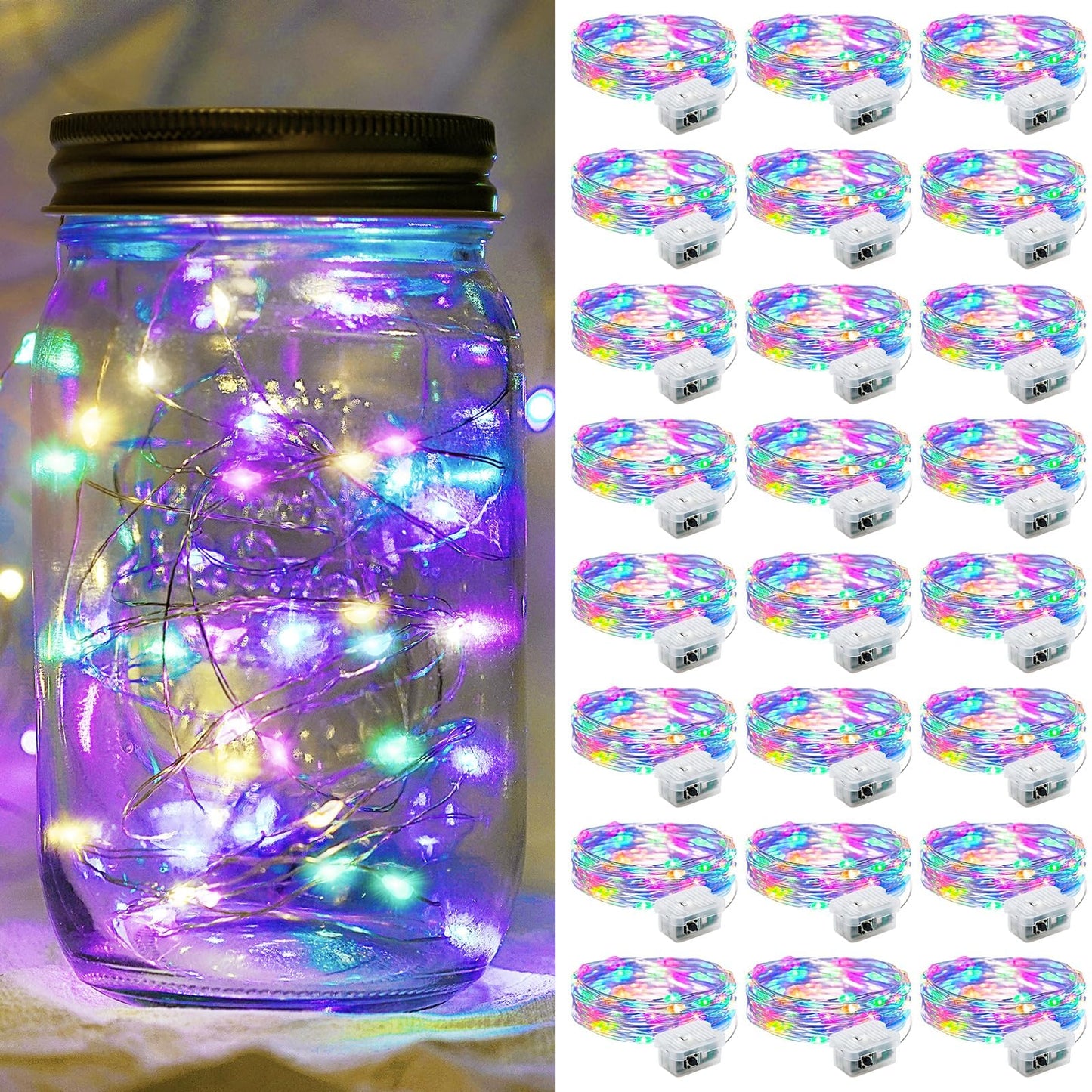 chzk 24 Pack Fairy Lights 7Ft 20 LED Battery Operated Twinkle String Waterproof Firefly Starry for Mason Jar Party Wedding Christmas Valentines Day (24, Multicolor)