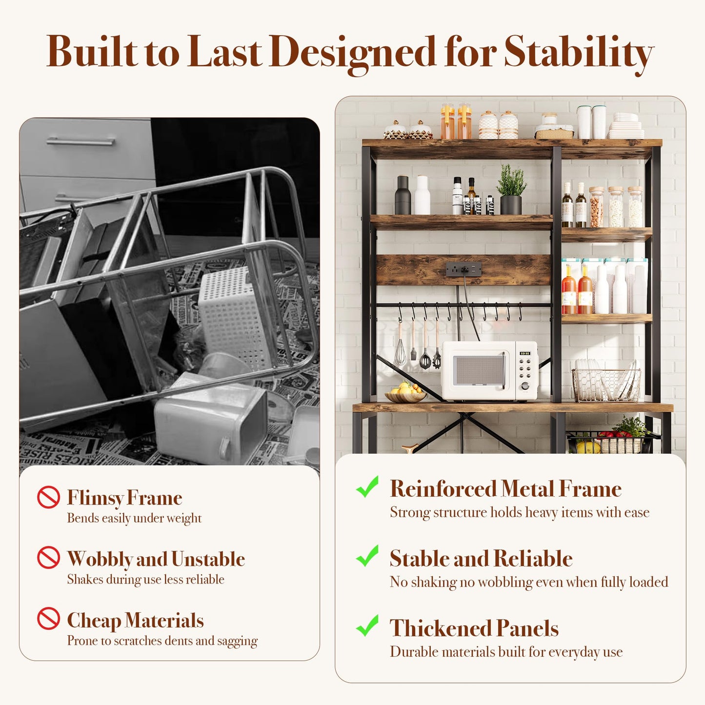 GRUSIGN Kitchen Bakers Rack with Storage, 6-Tier Coffee Bar Station with Power Outlet, Microwave Stand with 12 S-Shaped Hooks, Open Kitchen Storage Shelves for Spices, Pots and Pans, Rustic Brown