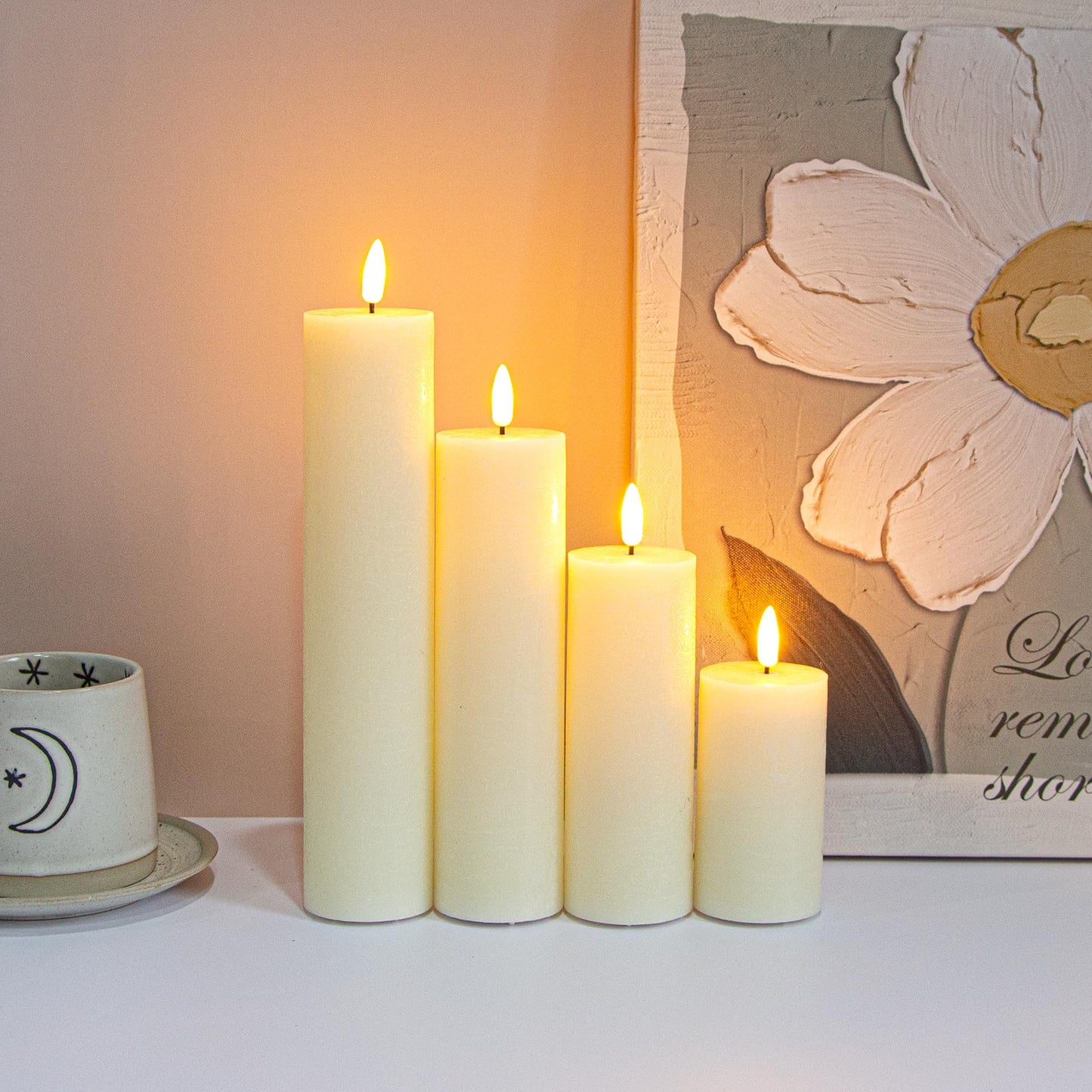 Vtobay Flickering Flameless Pillar Candles with Remote Control and Cycle Timer,Ivory Pack of 4 Battery Operated(Powered by 2AA) LED Real Wax Tall Fake 3D-Wick Electric Candles(D 2.2” x H 4”,6”,8”,10”)