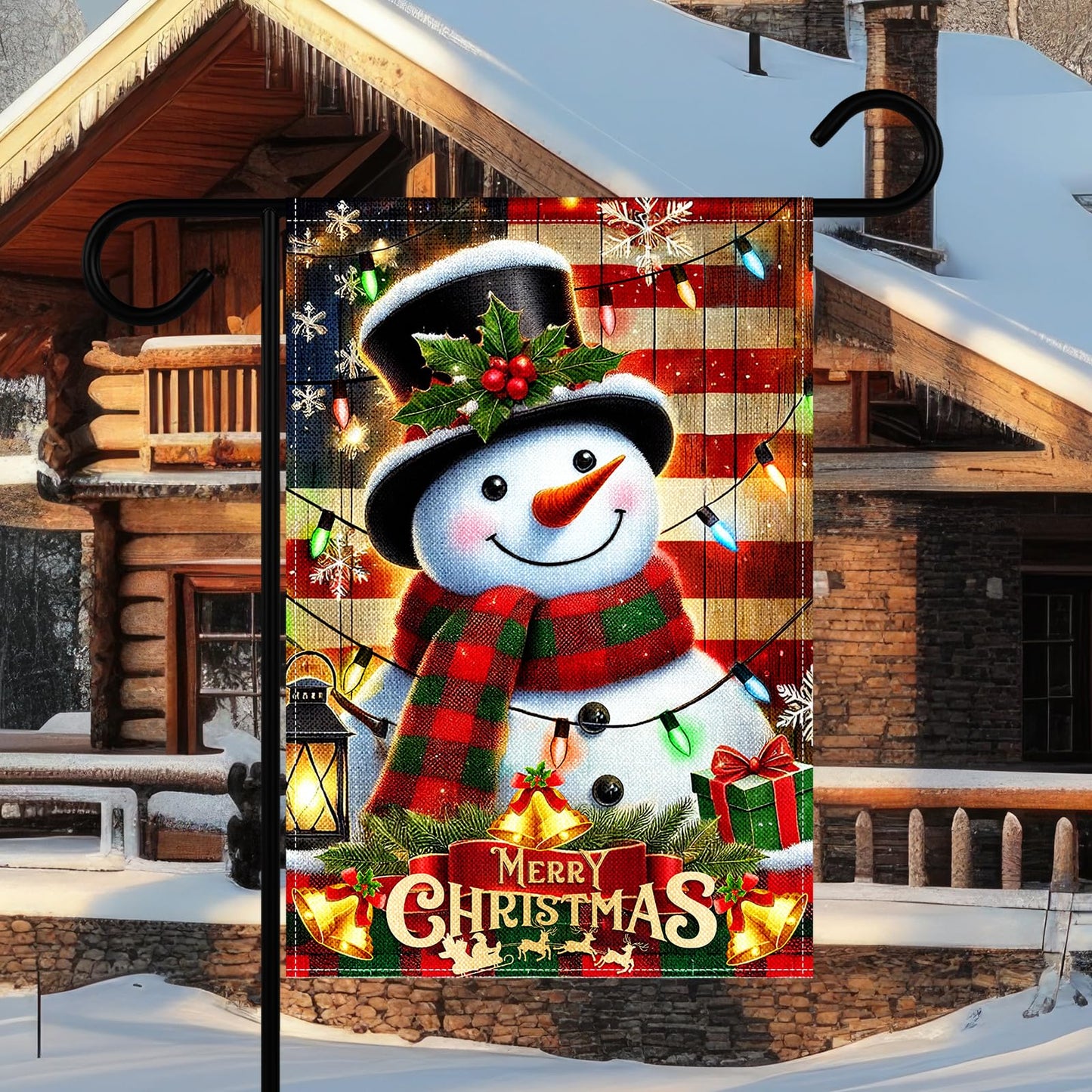 12 x 18 Inches Lighted Snowman Garden Flag Decorations - Double-Sided Vertical Christmas Holiday Yard Flag Sign with LED Lights, Indoor Outdoor House Patio Décor Party Supplies