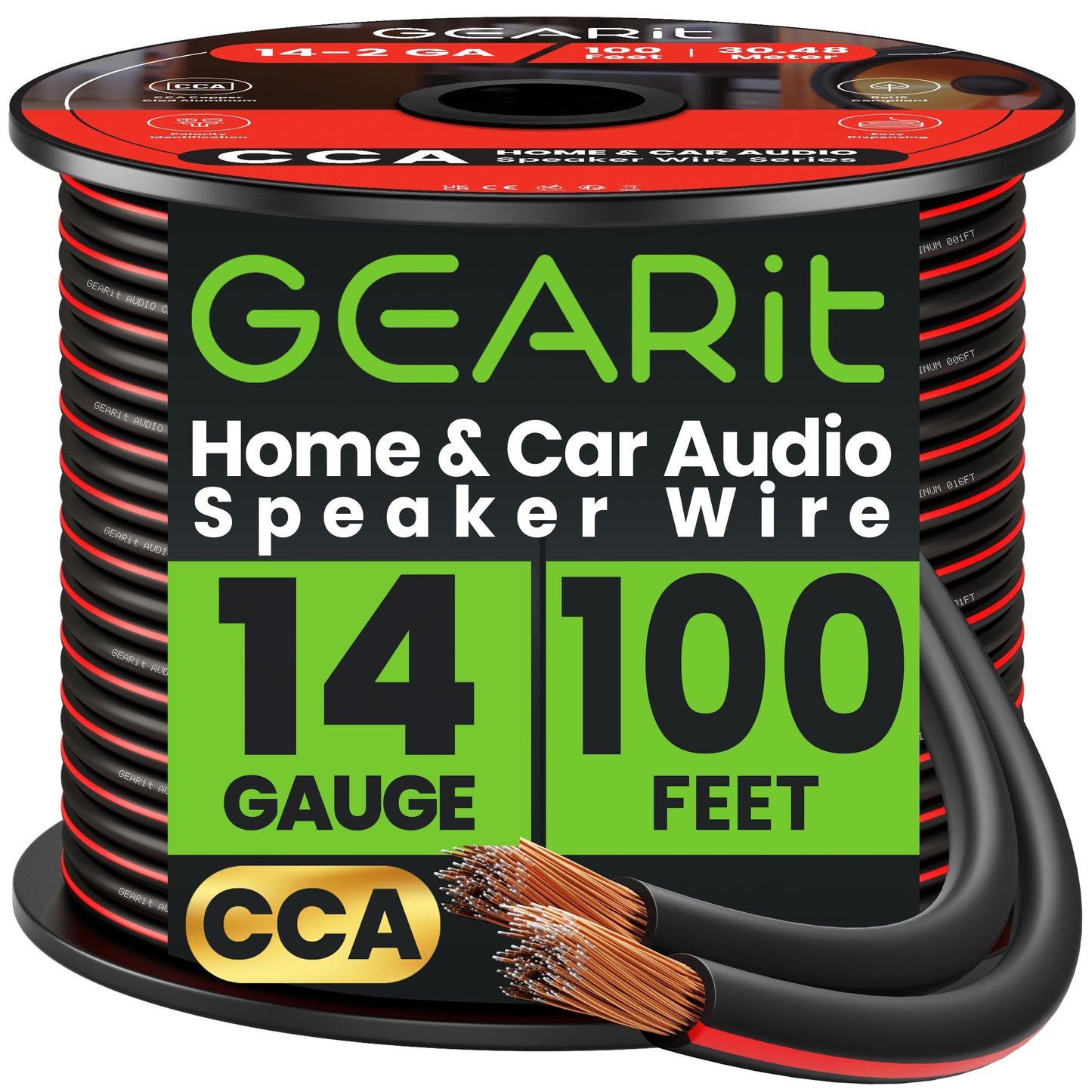 14AWG Speaker Wire, GearIT Pro Series 14 AWG Gauge Speaker Wire Cable (100 Feet / 30.48 Meters) Great Use for Home Theater Speakers and Car Speakers Black