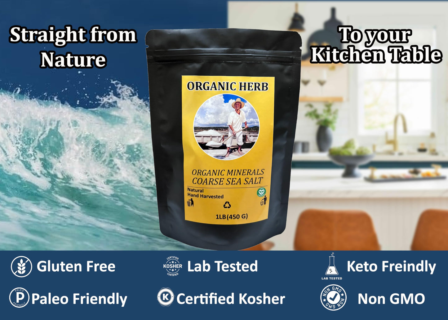 Organic Herb Sea Salt Flakes, 8oz, Hand Harvested, Low Sodium, Perfect for Cooking, Optimal Body Function, 84 Minerals, Resealable Bags