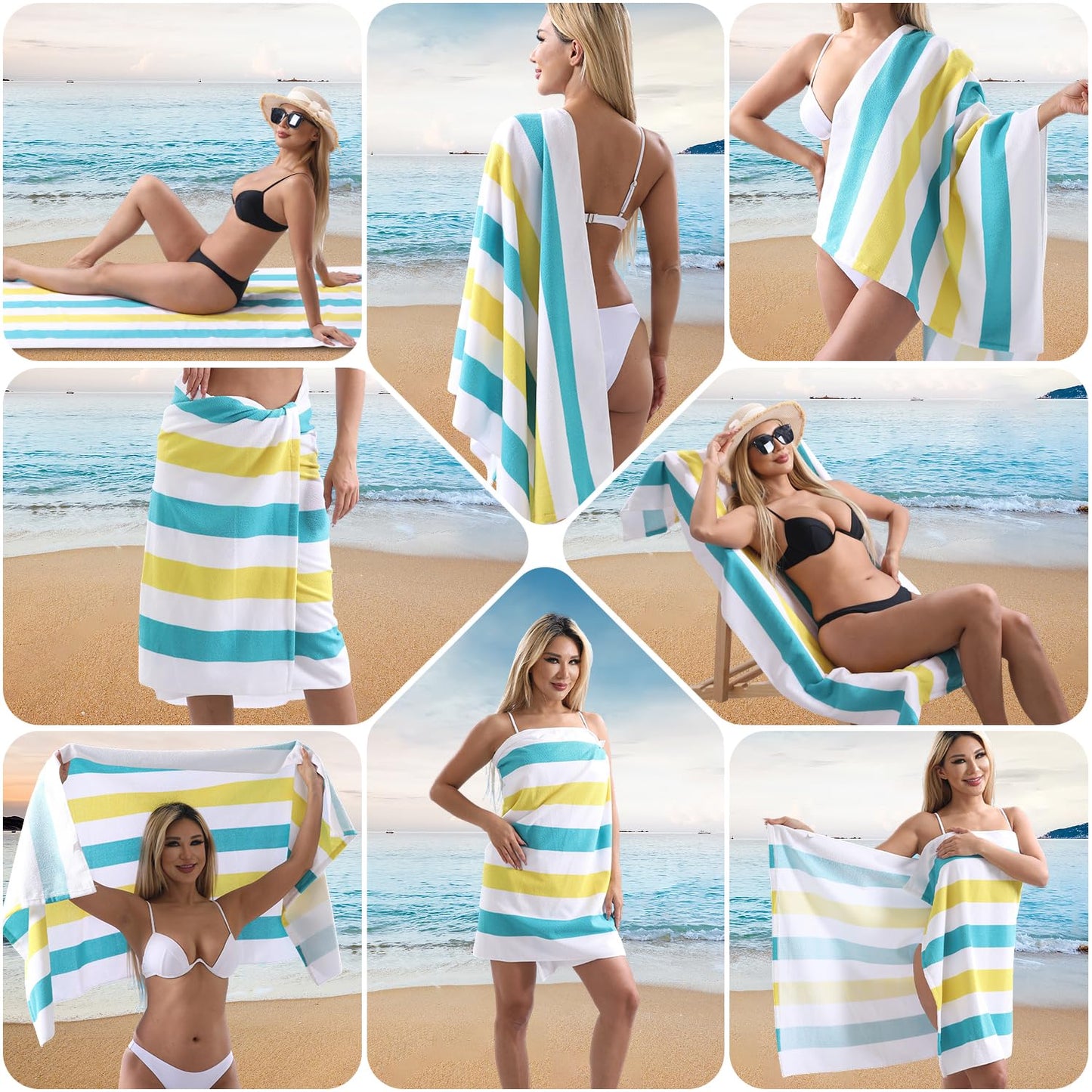 Beach Towel Set-4 Pack 30"x60" Sand Free Stripe Beach Towel for Pool,Bathroom,Soft Absorbent Quick Dry Lightweight Beach Bath Towel,Camping Blanket,Travel Towel,Beach Essentials for Adults,Teal/Yellow