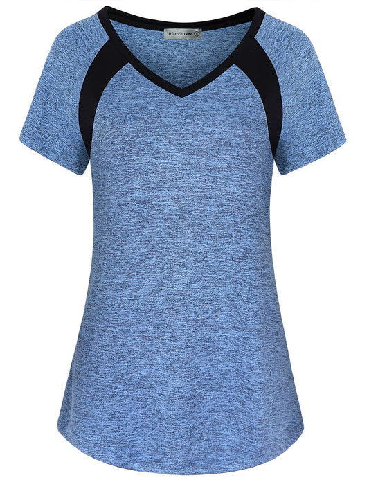 MISS FORTUNE V Neck Workout Top Short for Women Activewear Sleeve Running Hiking Shirt