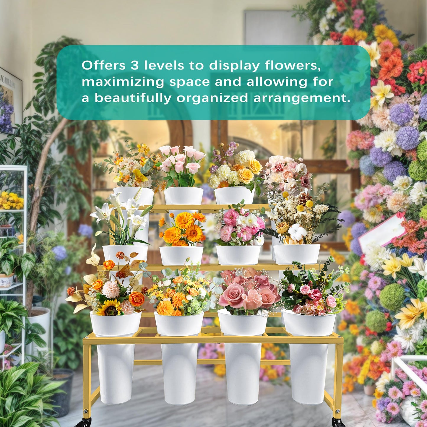 PROLEE Flower Stand with 12 Buckets, Flower Display Stand with Wheels, Flower Cart, Moving Florist Bouquet Shelf, Rectangular, Gold