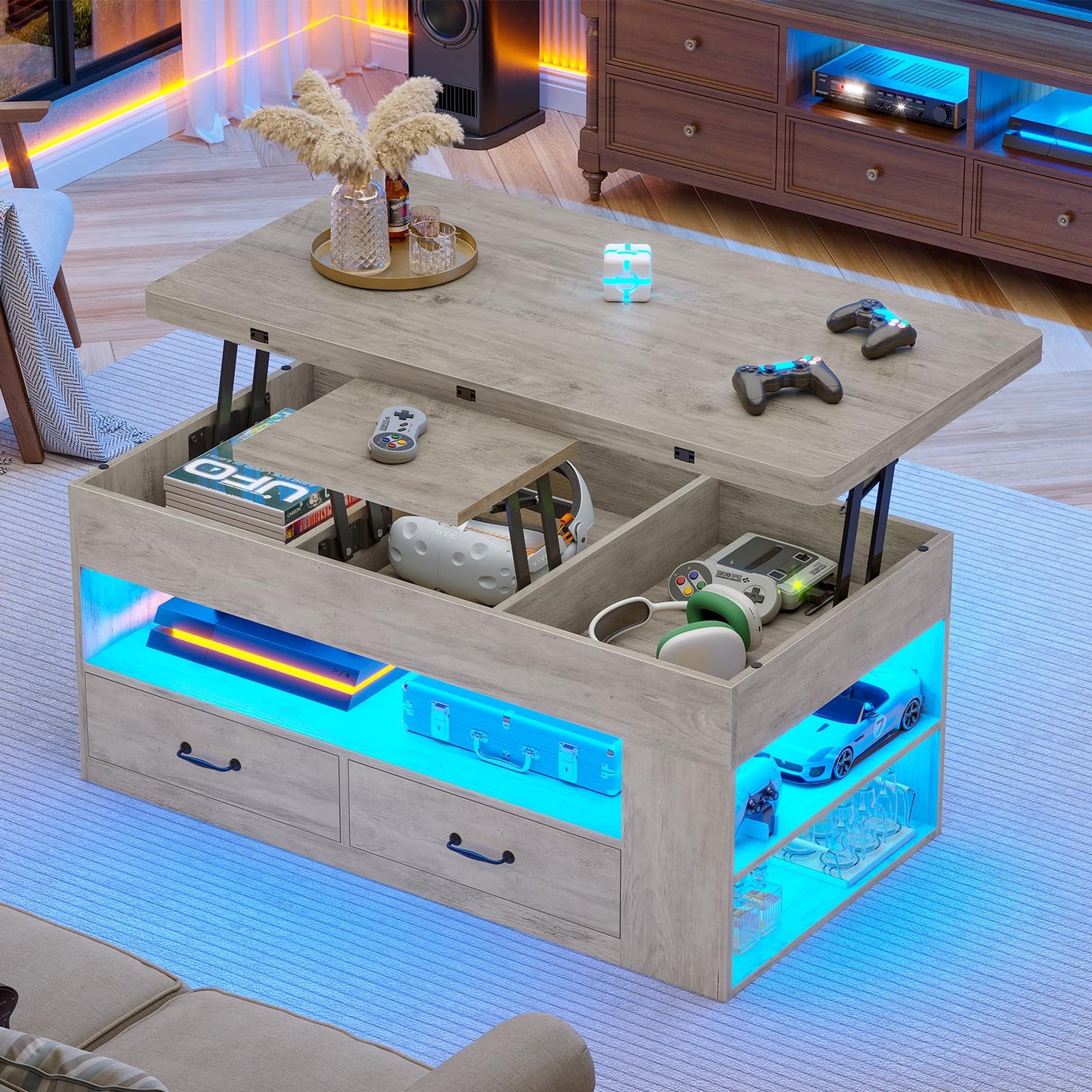 Itaar Lift Top Coffee Table, 4 in 1 Coffee Tables with Storage and Hidden Compartment, Farmhouse Coffee Table with 2 Fabric Drawers & LED Light for Living Room, Grey Oak