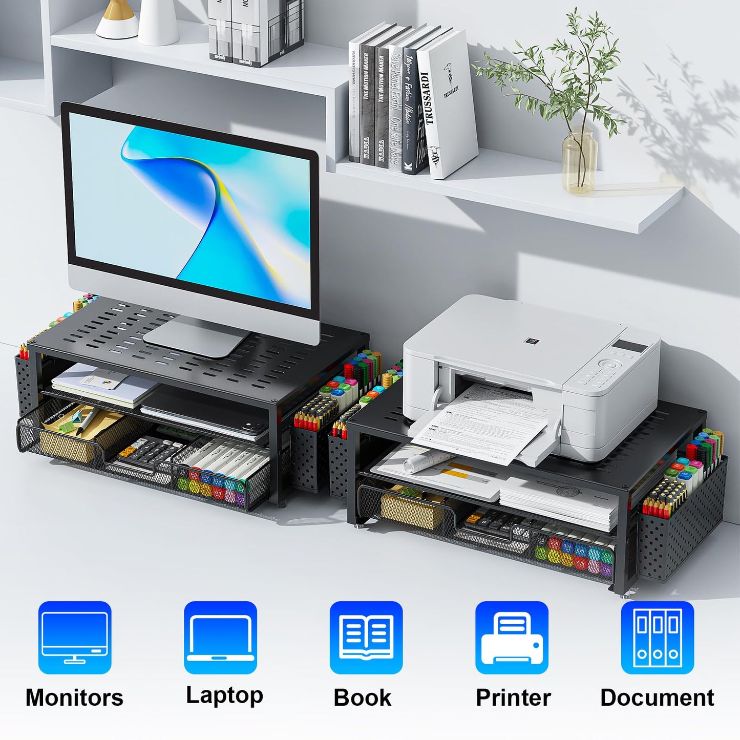 gianotter Desk Organizers and Accessories, Monitor Stand with Drawer and 2 Pen Holder, Desktop Organizer Suitable for Offices and Dormitories (Black)