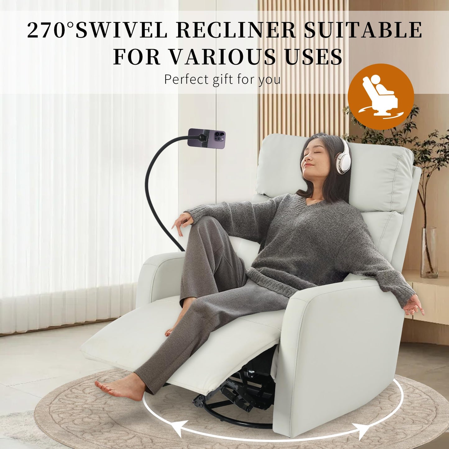 CHSICFOR Modern Recliner, Swivel Glider Chair, Nursery Reclining Sofa with Lumbar Support, Adult Soft Padded Faux Leather, 360 Free Rotation, Removable Phone Holder, Gray