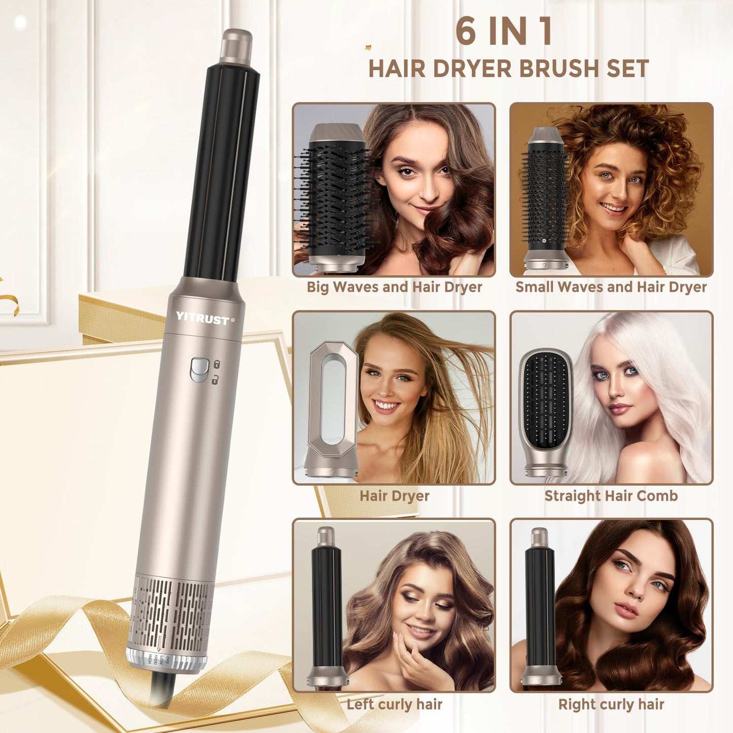 Yitrust 6 in 1 Blow Dryer Brush 60000RPM Hair Dryer Brush Detachable Air Curler Wrap Styler Professional Hot Air Brush Round Brush Blow Dryer Hair Styling Tools (Silver)