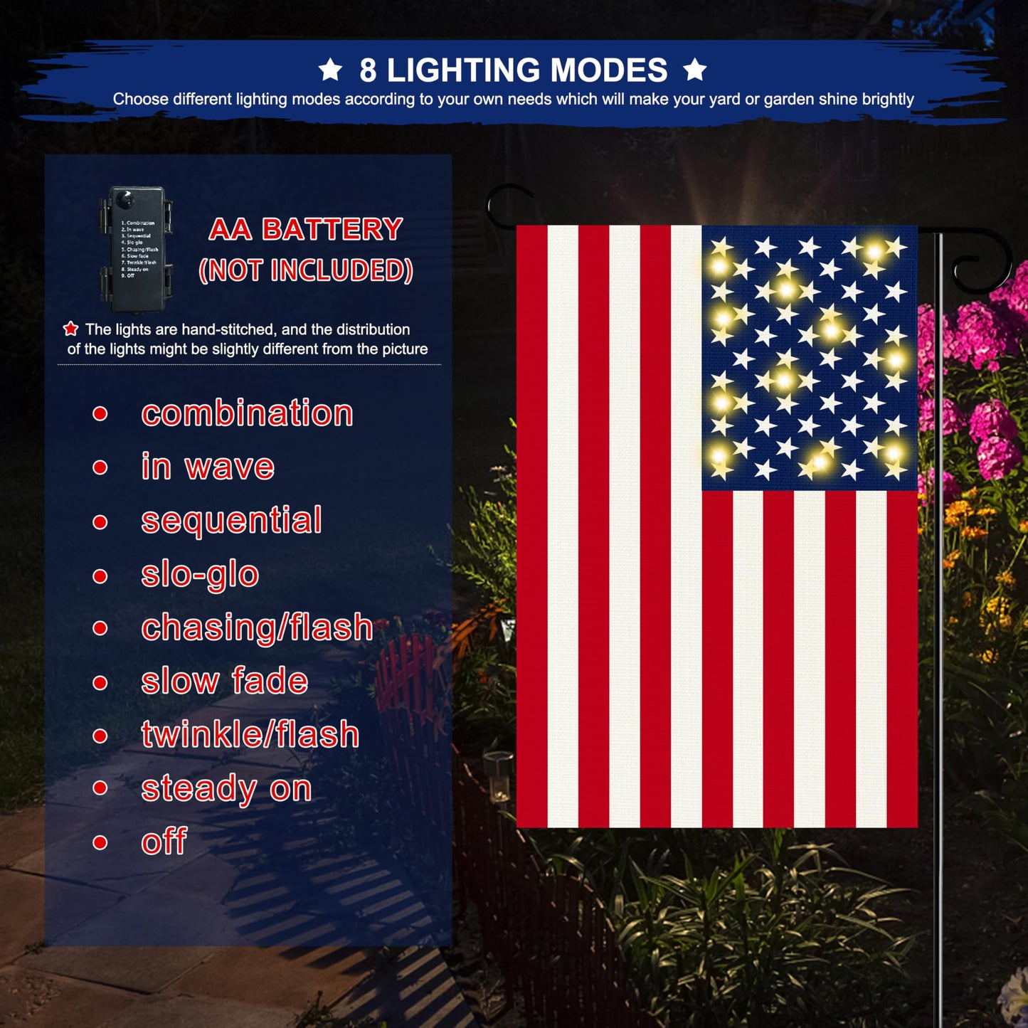 ACPOP Lighted Double Sided Garden Flag, Yard Flag for July 4th Independence Day Patriotic Memorial Day, Decorative Banners for Outside Lawn House Party Holiday