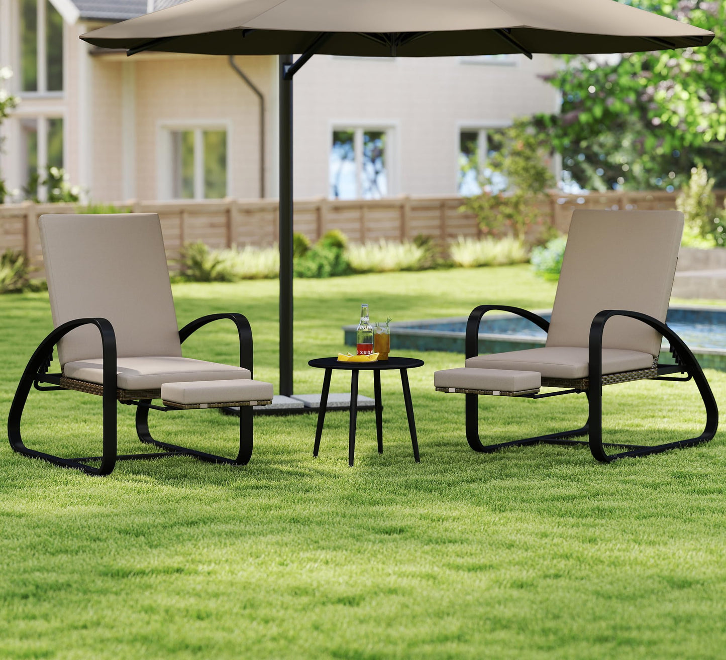 DAYARUS 3 Piece Patio Furniture Set with Pullout Footrest, Adjustable Backrest Patio Conversation Set, Metal Patio Chairs with Coffee Table, Outdoor Furniture Lounge Recliner for Lawn/Balcony, Khaki