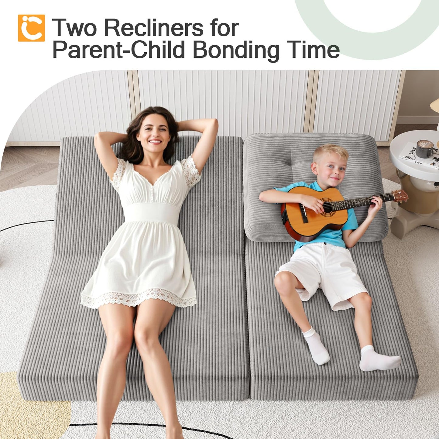 COMAX Folding Sofa Bed, 8-in-1 Foldable Floor Couch Corduroy Convertible Futon Sofa, Fold Out Chair Bed Sleeper Mattress Comfy Portable Lounge Loveseat Guest for Living Room Bedroom, Light Grey