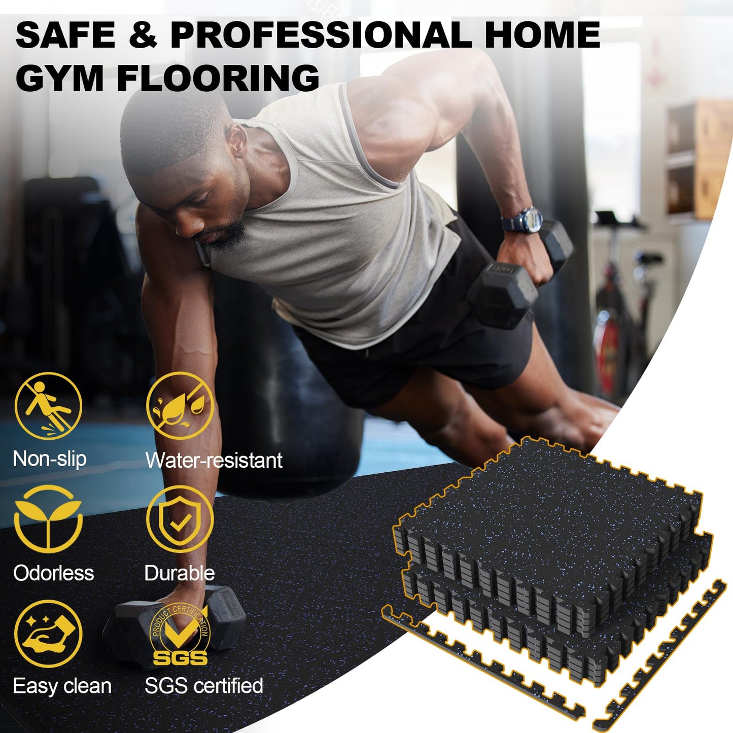 POWER GUIDANCE Gym Flooring Exercise Mats for Home Gym, 0.56 In Thick Gym Floor Mat with Rubber Top, Interlocking Puzzle Foam Flooring Mats (A. Black+10% Blue (8 Tiles) - 32 Ft Sq)