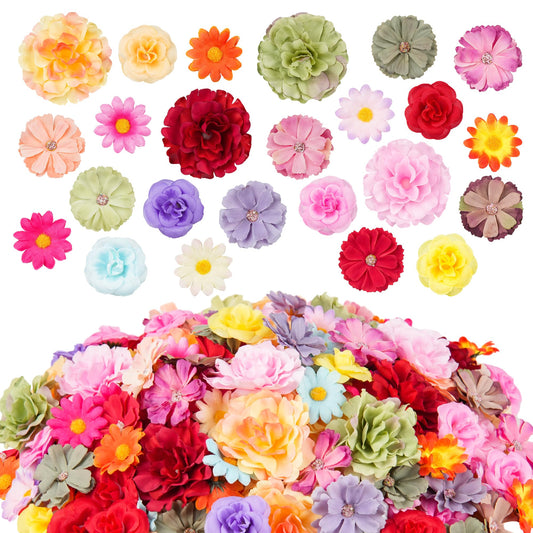 210 Pcs Mini Silk Flower Heads Small Fake Rose Daisy Faux Flowers Bulk for Crafts Artificial 3D Loose Fabric Flowers Heads Sunflower Bulk for Wedding Hair Cap Dresses Decorations (Bright Colors Mixed)