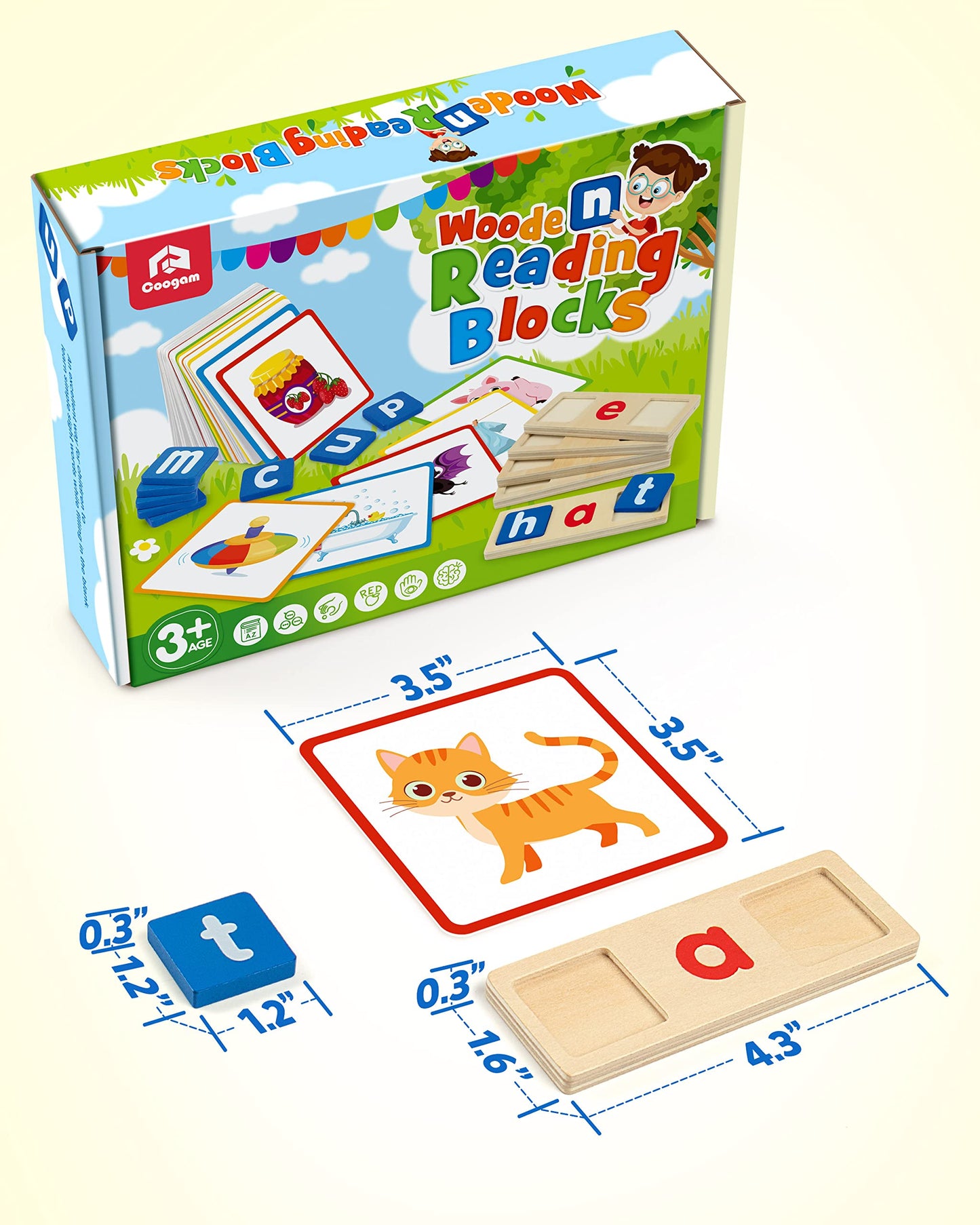 Coogam Wooden Short Vowel Reading Letters Sorting Spelling Games, Site CVC Words Learning Flashcards Alphabet Puzzle Montessori Educational Toy Gift for Kids 3 4 5 Years Old