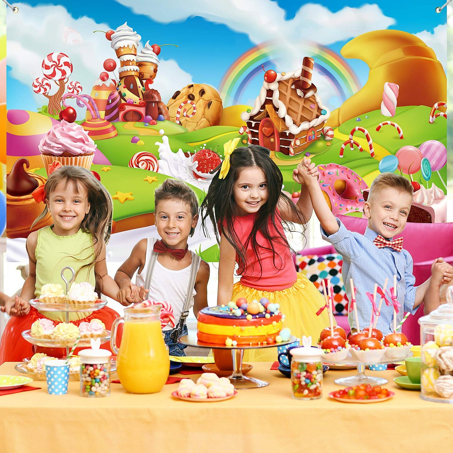 Blulu Candy Backdrop Birthday Party Banner, Christmas Large Fabric Sweet Donut Backdrop for Candy Party Decoration, Sweet Cartoon Landscape Baby Shower Background Photo Props, 72.8 x 43.3 Inch