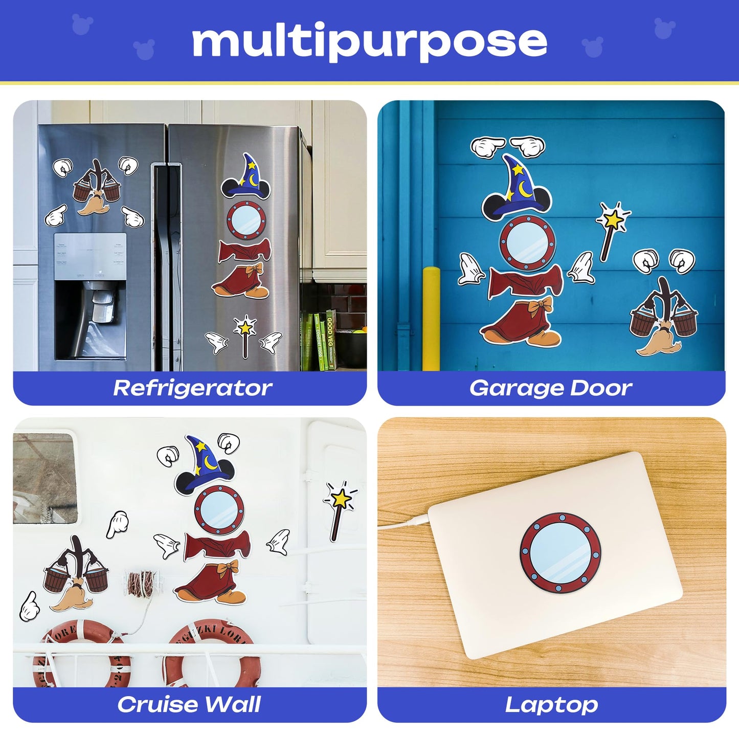 YZFDUI Cruise Door Magnets 12Pcs - Magical Mouse Theme Waterproof Magnetic Stickers for Refrigerator, Garage, Outdoor - Holiday Carnival Ship Cabin Decor