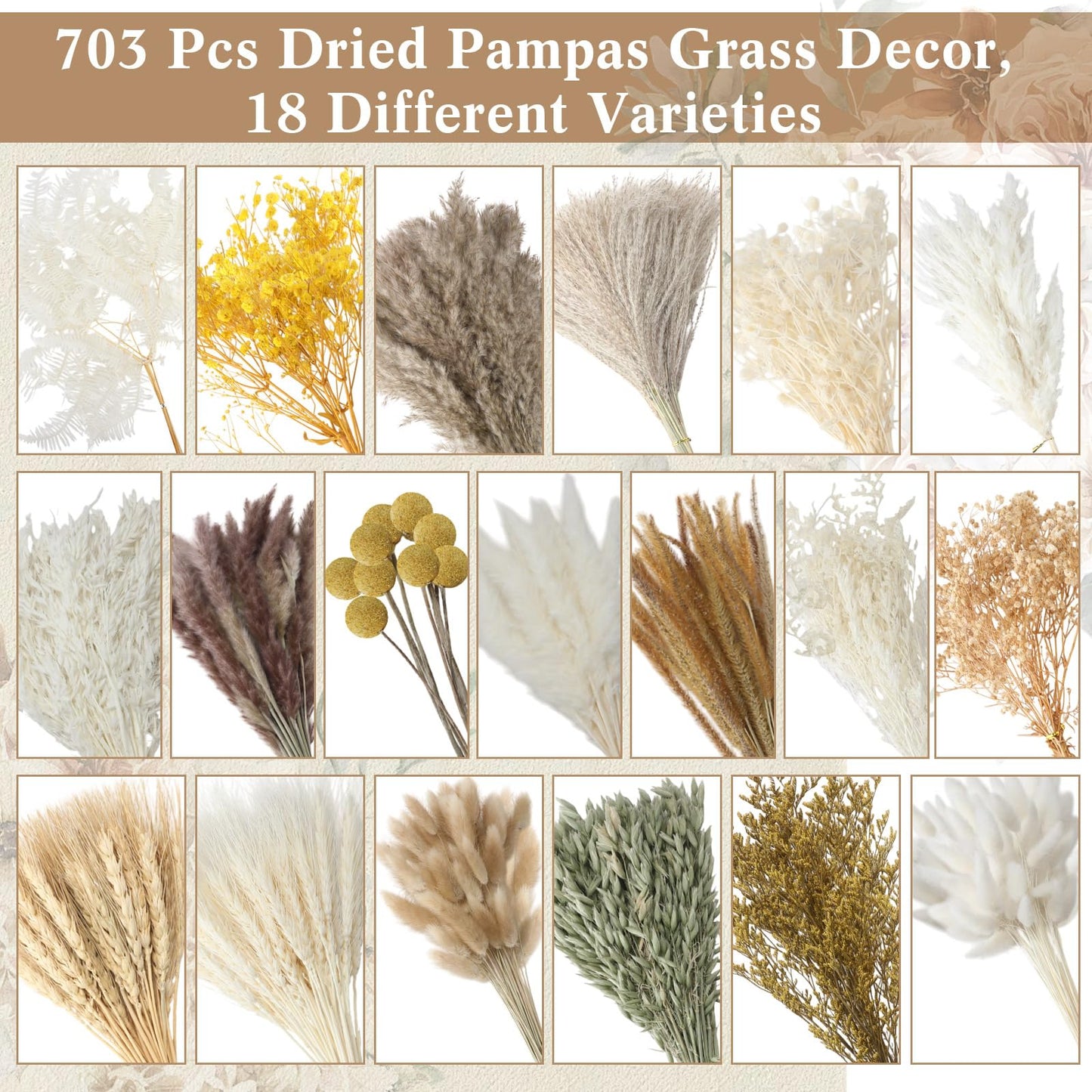 Nuanchu 703 Pcs Dried Pampas Grass Decor Boho Flower Bouquet Bulk with Bunny Tails, Reed Grass for Wedding Home Table Rustic Farmhouse Party Office(Retro Style)