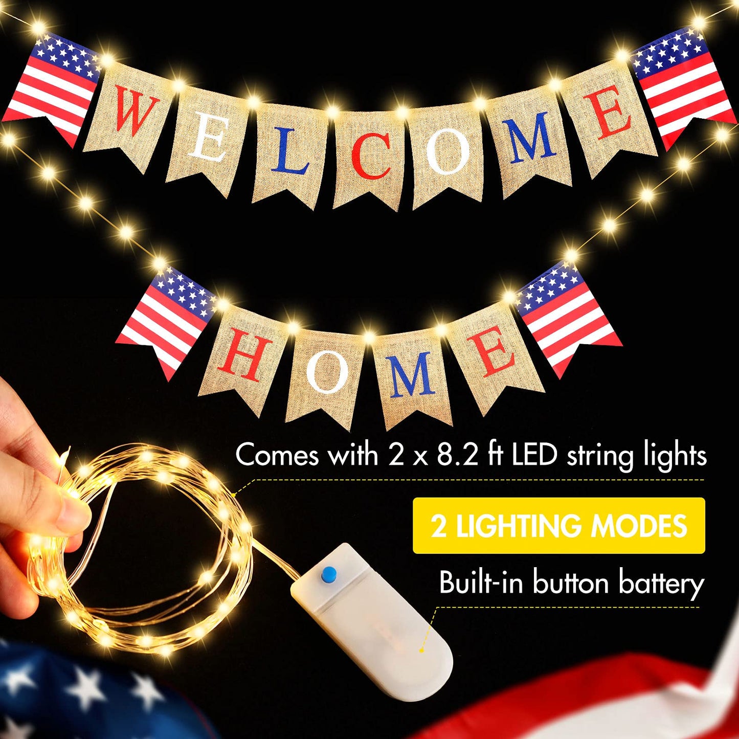 Mudder Welcome Home Banner with LED Decoration Fairy String Light 2 Flicker Mode Patriotic Banner Bunting Welcome Home Sign for Housewarming Military Celebration Family Party Supplies Gifts