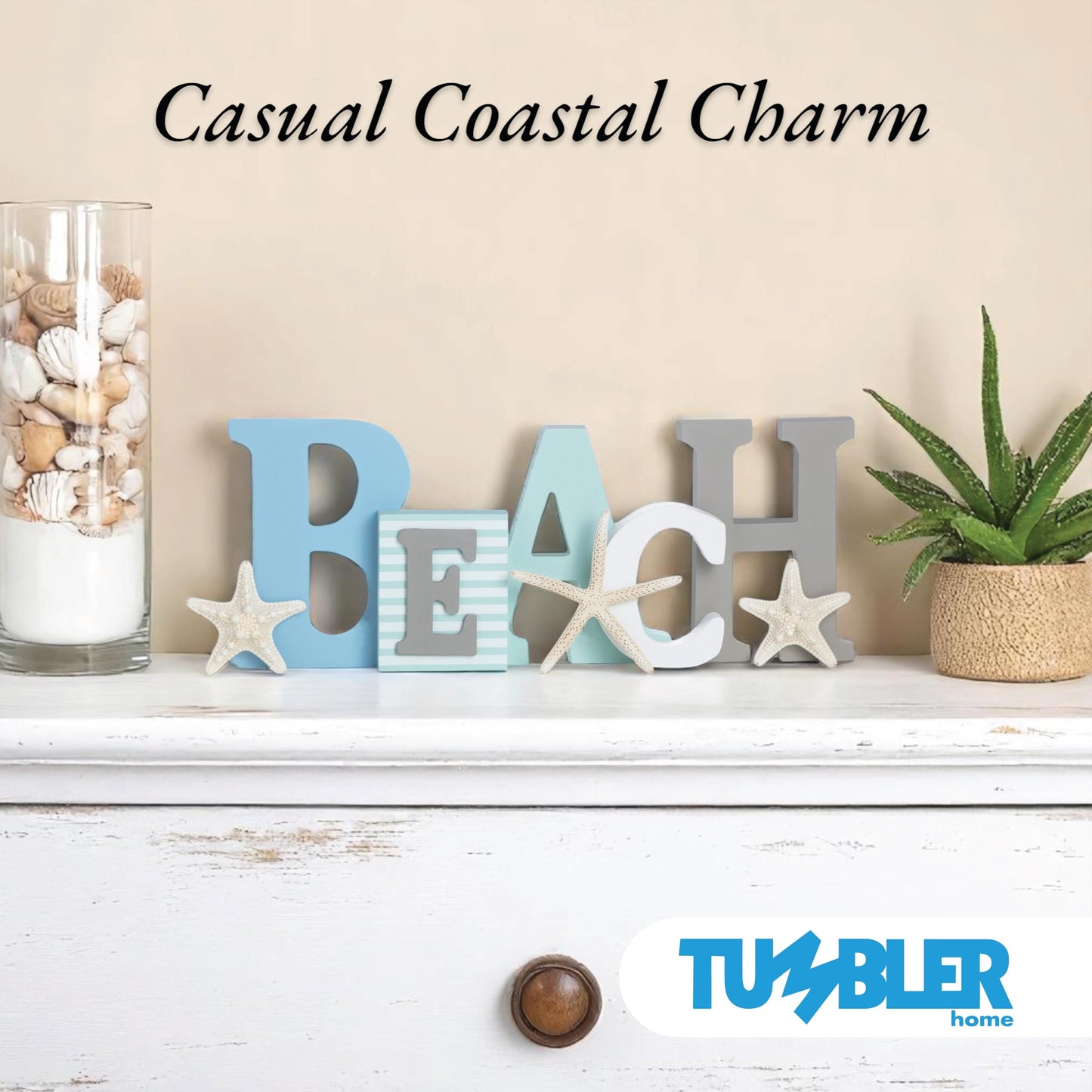 Wooden Beach Word Sign with Trio of Loose Starfish - Tropical Beach Home Decor