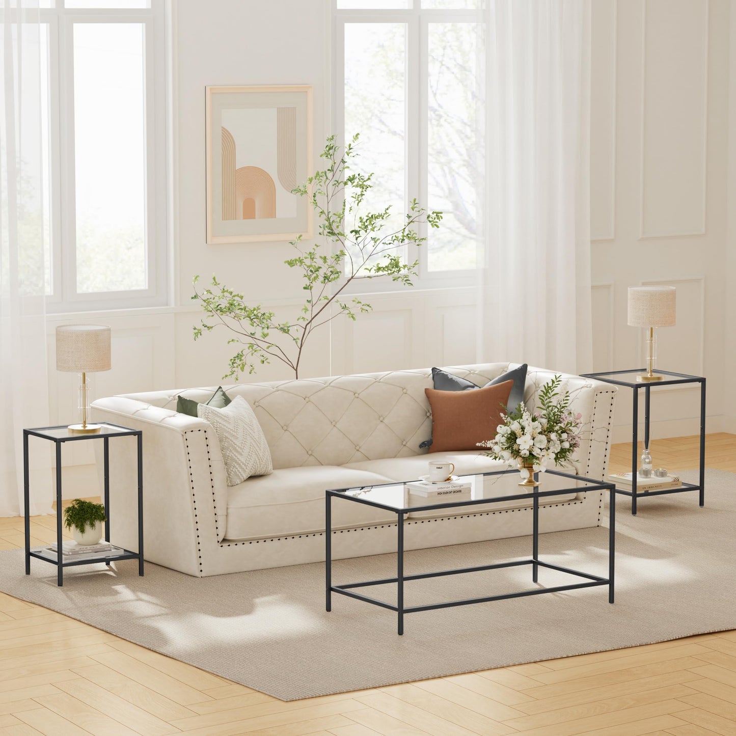 Homleke Glass Coffee Table, Modern Rectangular Black Coffee Table for Living Room, Minimalist Center Tea Table with Sturdy Metal Frame for Apartment, Office, Dining Room, Easy Assembly, Black