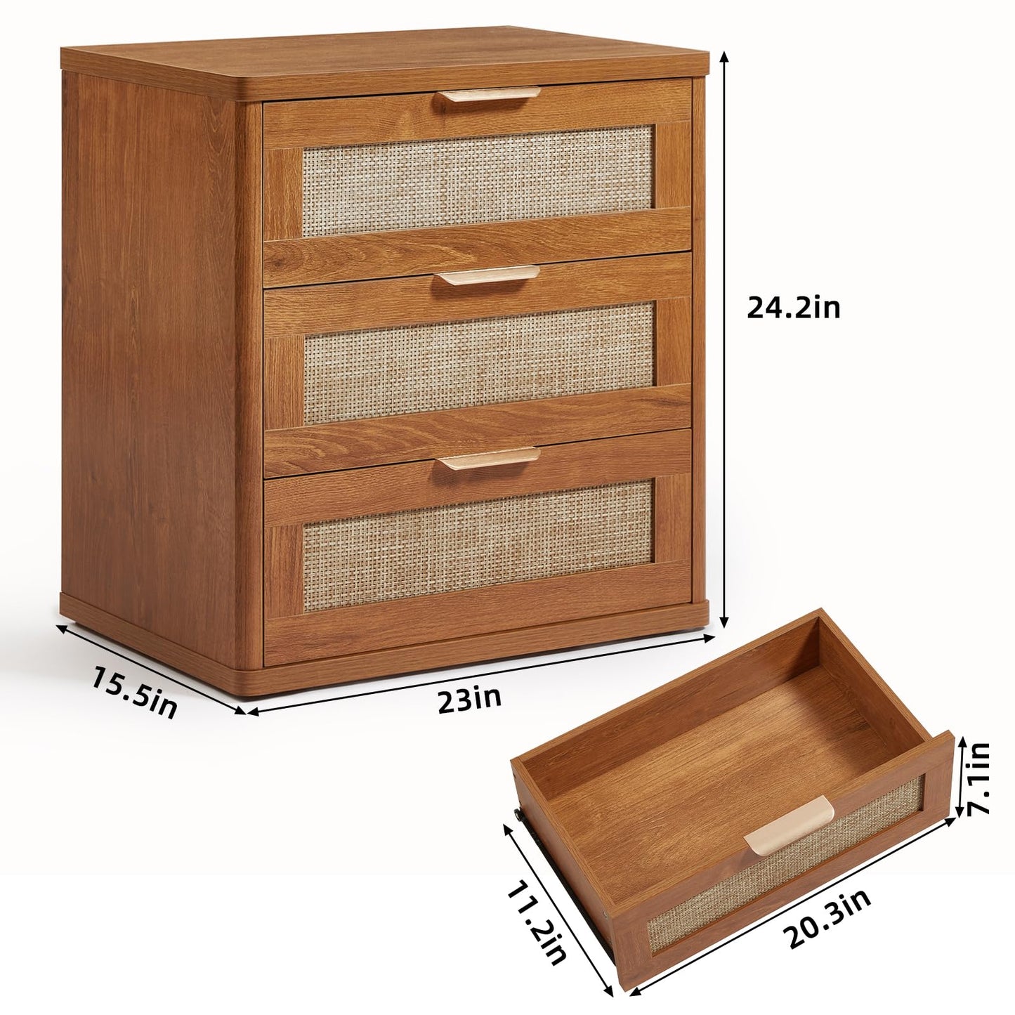 LEYAOYAO Rattan Night Stand with Drawers, 23" Large 3 Drawer Boho Nightstand, Natural Wood Bedside Table Storage Cabinet, Bed Side End Tables Dresser for Bedroom, Living Room, Hallway, Closet