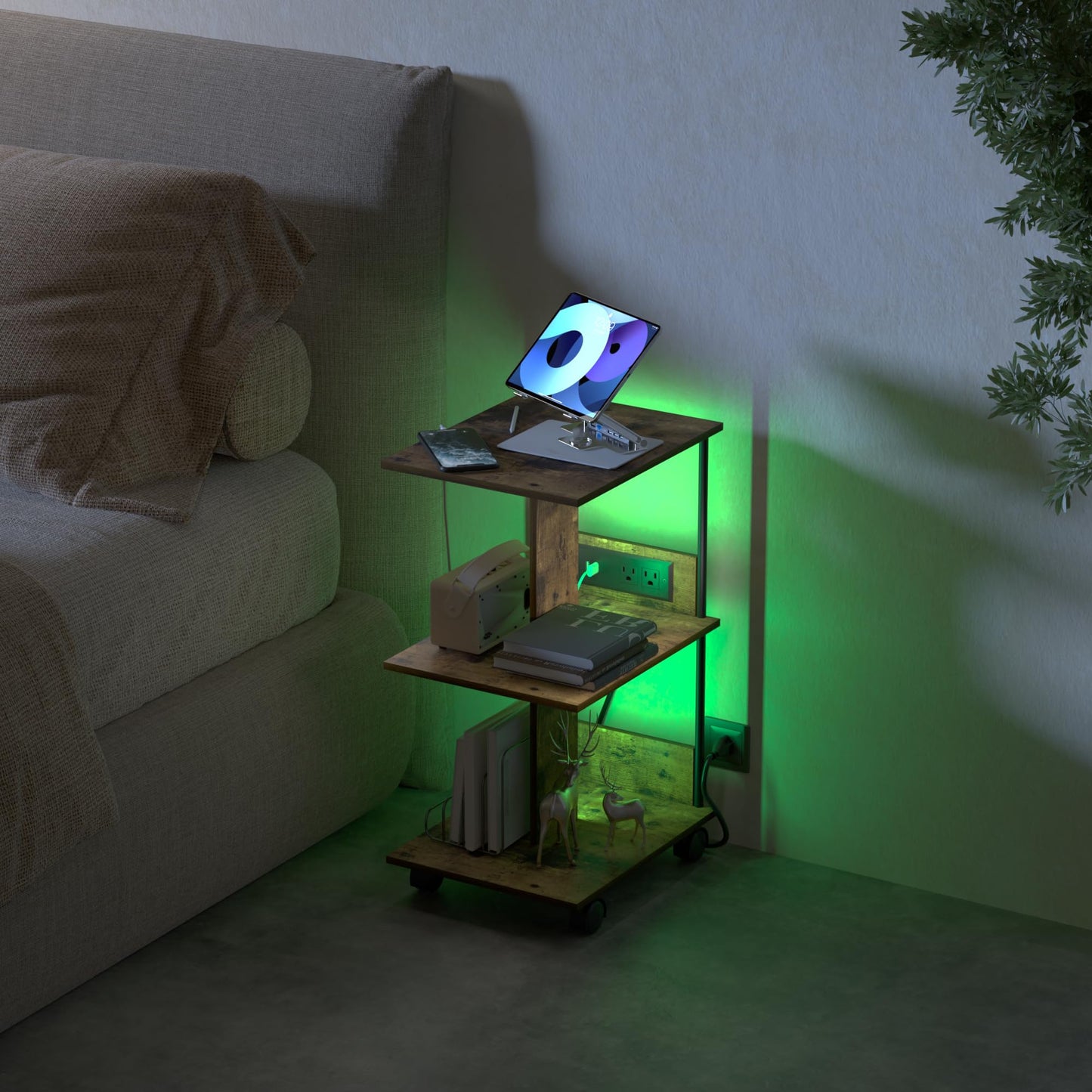 End Table with Charging Station & LED Lights, 3 Tier Movable Wooden Nightstand with Wheels Storage Shelves, Narrow Bedside Tables Side Table for Living Room Bedroom Home Office, Easy to Assemble