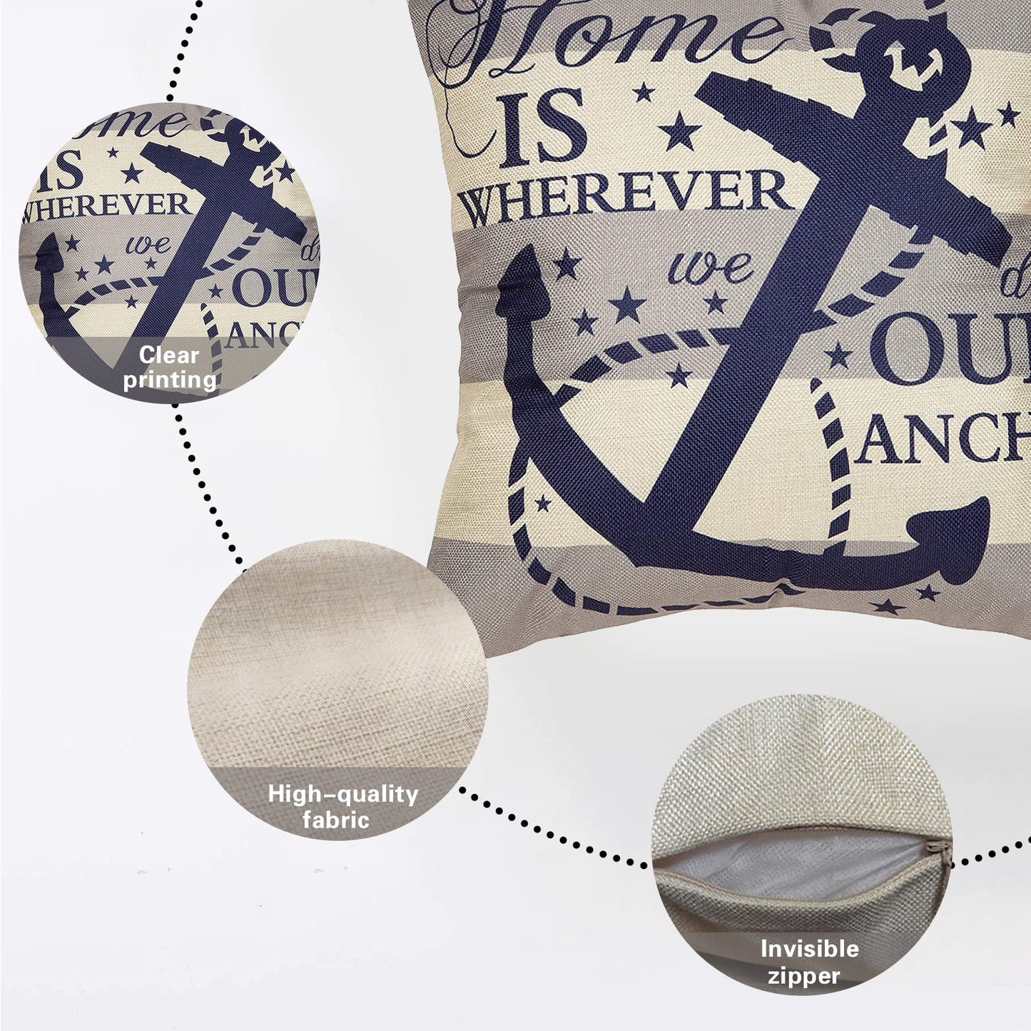 Fjfz Nautical Farmhouse Decorative Throw Pillow Cover 18x18 Home is Wherever We Drop Our Anchor Quote Sign Summer Ocean Cruise Lover Decoration Home Decor Cotton Linen Cushion Case for Sofa Couch