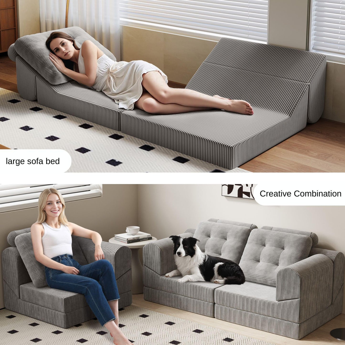 COMAX Folding Sofa Bed, 8-in-1 Foldable Floor Couch Corduroy Convertible Futon Sofa, Fold Out Chair Bed Sleeper Mattress Comfy Portable Lounge Loveseat Guest for Living Room Bedroom, Light Grey