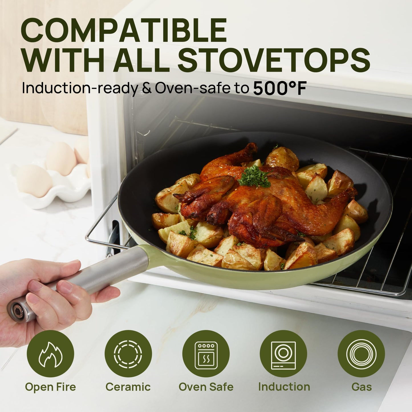 KOKHUB Titanium Enameled Cast Iron Skillets, Non Stick Frying Pan Set 3 Piece, 8" 9.5" 11" Non Toxic PFOA Free Cooking Pans, Dishwasher & Oven Safe Cookware, All Cooktops Compatible, Sage Green