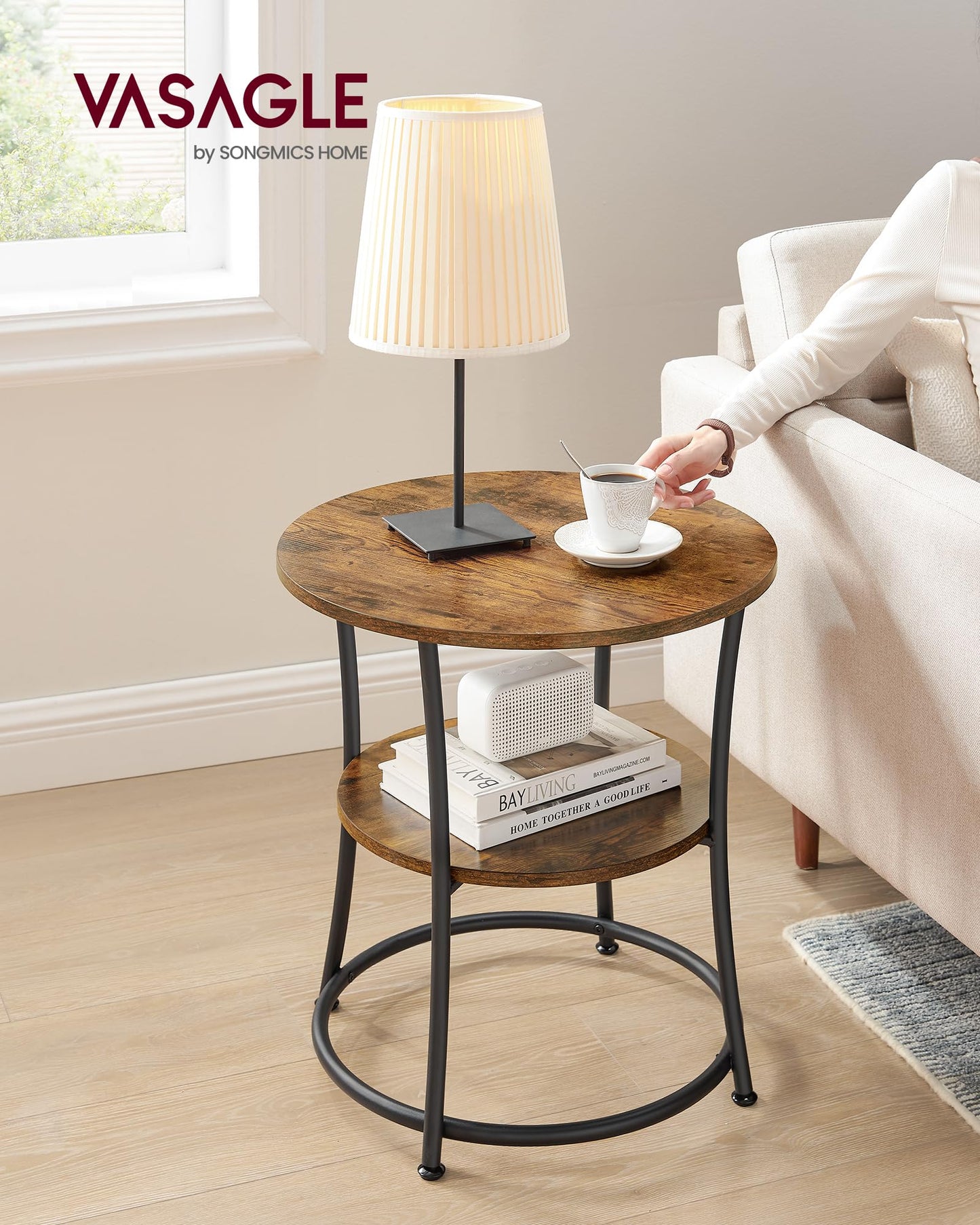 VASAGLE Side Table, 2-Tier Round End Table, Nightstand with Steel Frame for Small Spaces, Living Room, Bedroom, Rustic Brown and Ink Black