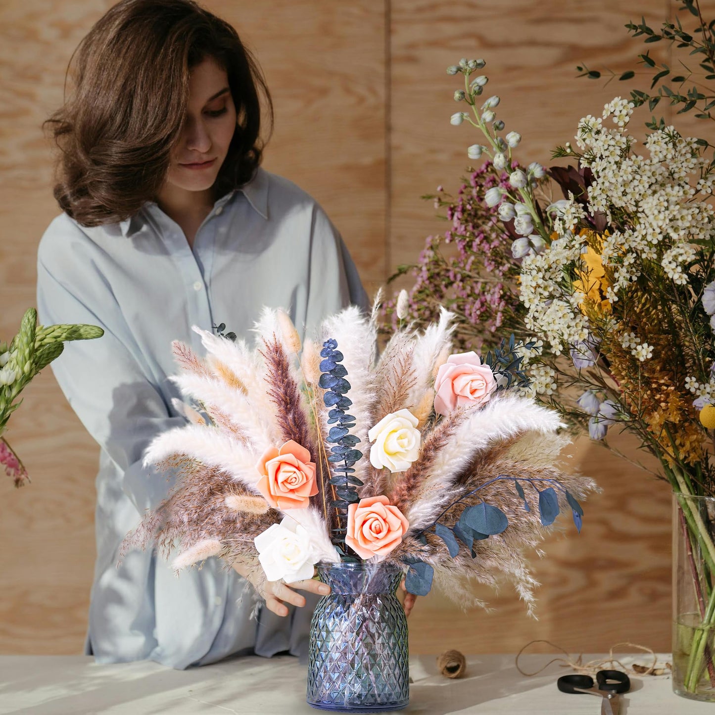 Dried Flower Bouquet | Pampas Grass Decor | Floral Arrangements for Home & Wedding | Boho, Rustic, and Modern Decorations (Without vase)