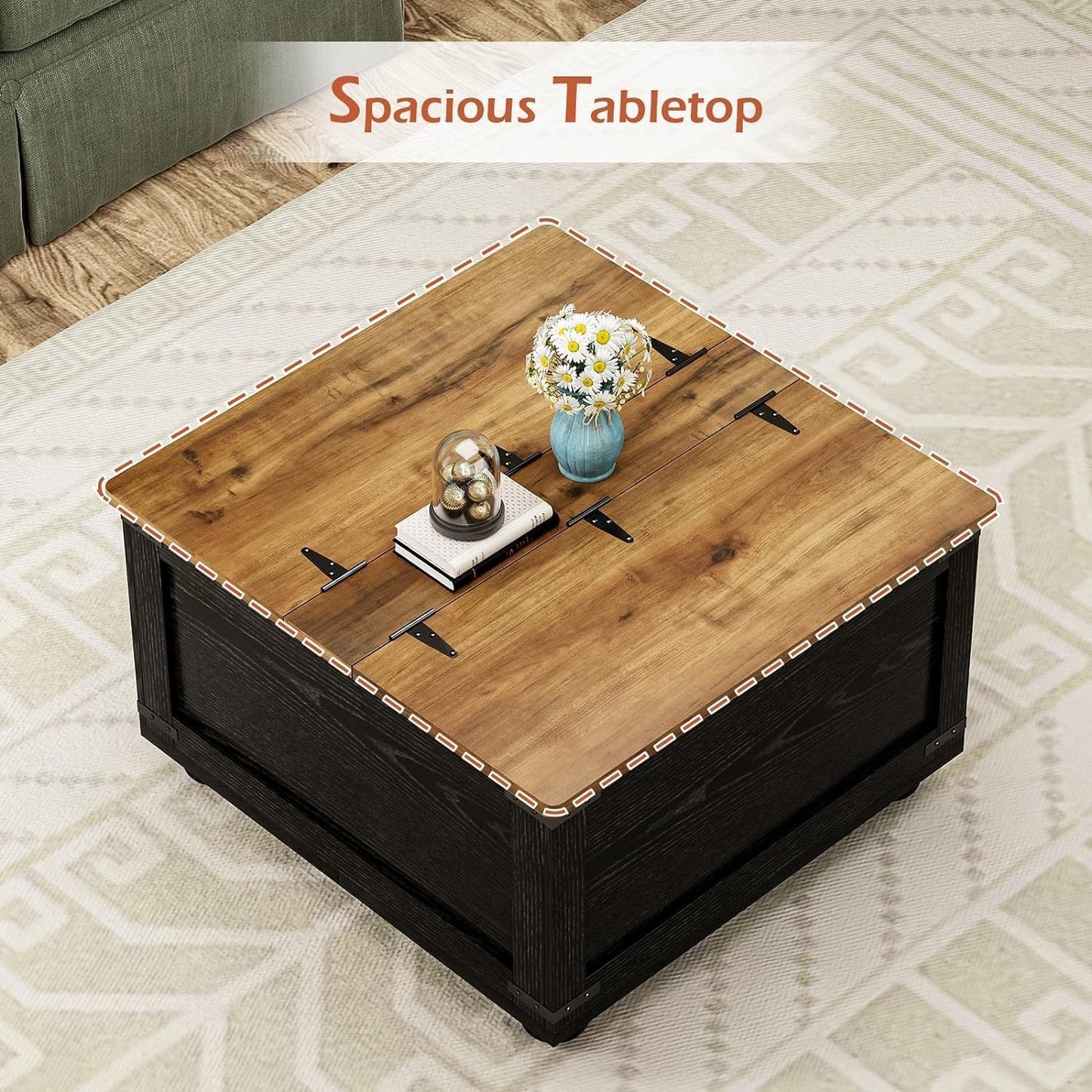 MaverickFurni Farmhouse Coffee Table with Storage, Black Lift Coffee Tables for Living Room, Square Coffee Table with Wood Gourd Feet and Hydraulic Gas Rod, Black