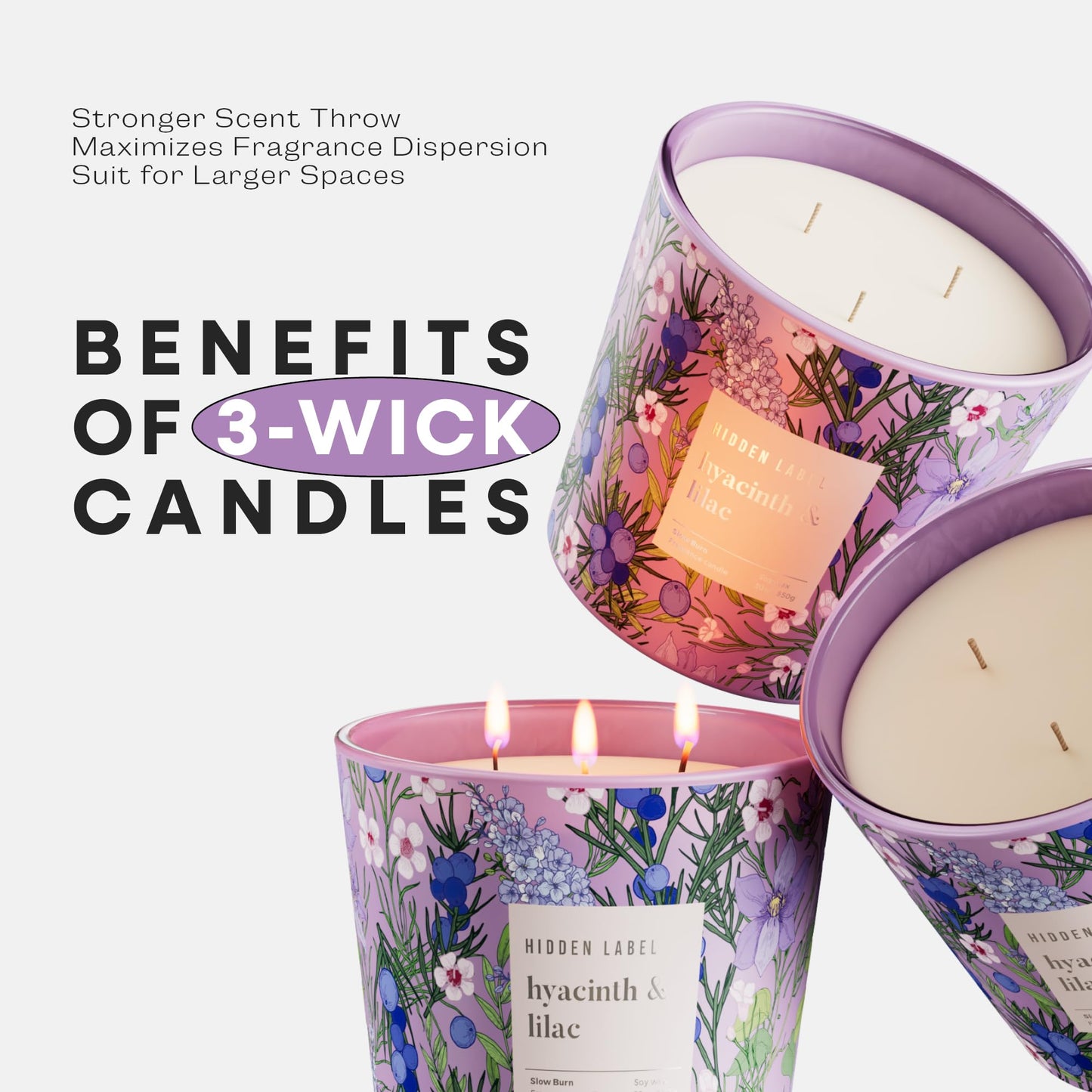 Hidden Label Hyacinth & Lilac Soy Candle, 3 Wick Large Candles for Home Scented, 30oz Natural Soy Candles Non Toxic, 100 Hour Burn Time, Aromatherapy Candle for Stress Relief, SPA, Larger Rooms