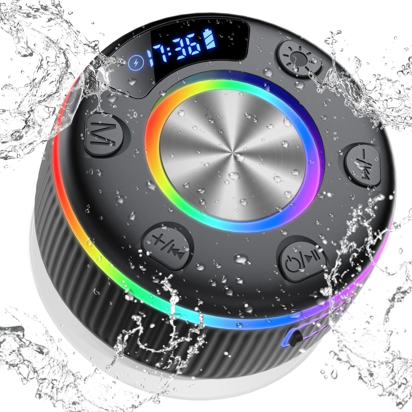 Bluetooth Shower Speaker, IP7 Waterproof Portable Bluetooth 5.3 Speakers with Suction Cup, Mini Wireless Speaker with RGB Lights Time Display, Loud Stereo Sound for Bathroom Beach Travel Outdoor Party