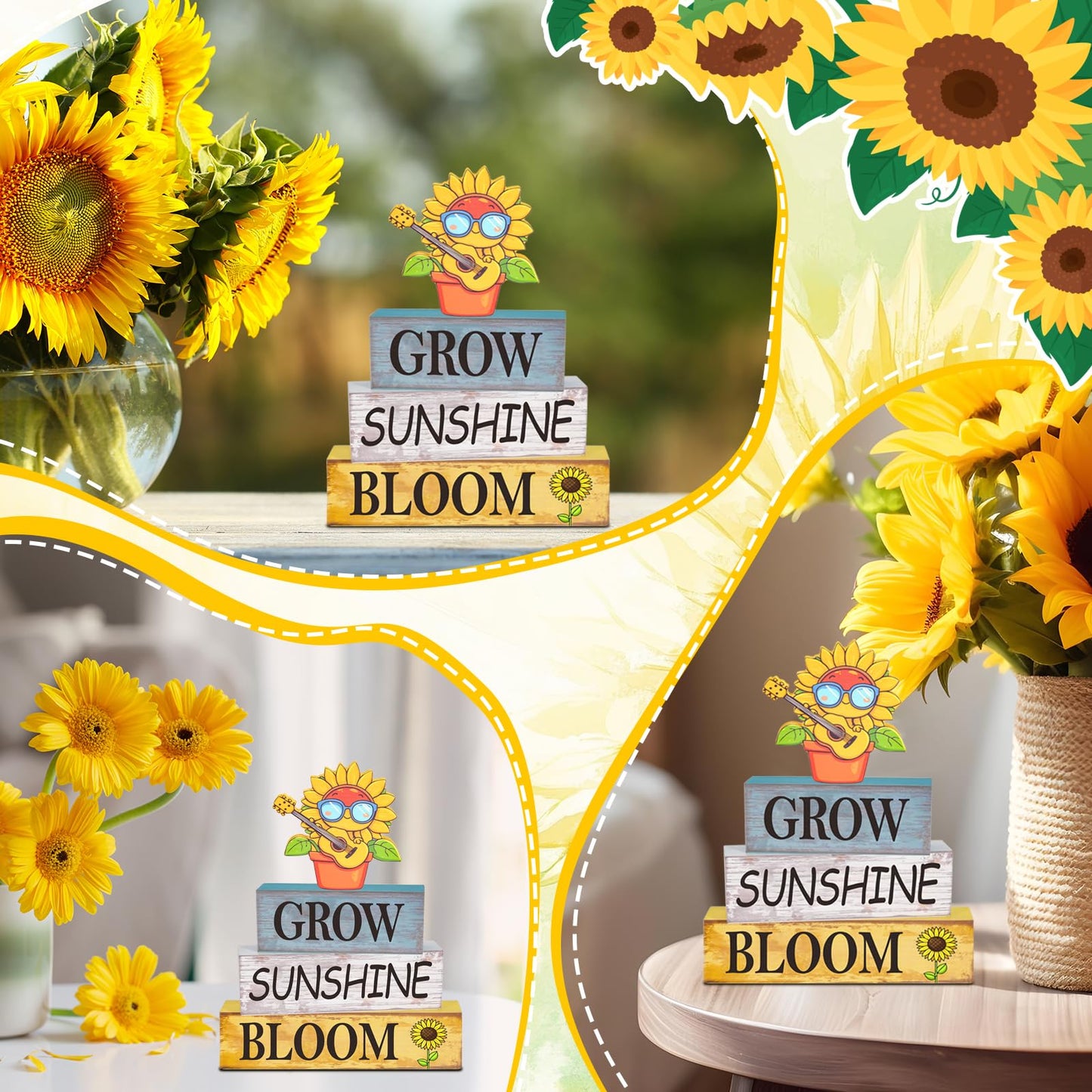 4 Pcs Sunflower Decor for Summer Wooden Tiered Tray Sign – Table Decorations Musician Sunflower Book Stack Block Sunshine Table Centerpiece for Home, Parties & Sunflower Gifts for Women