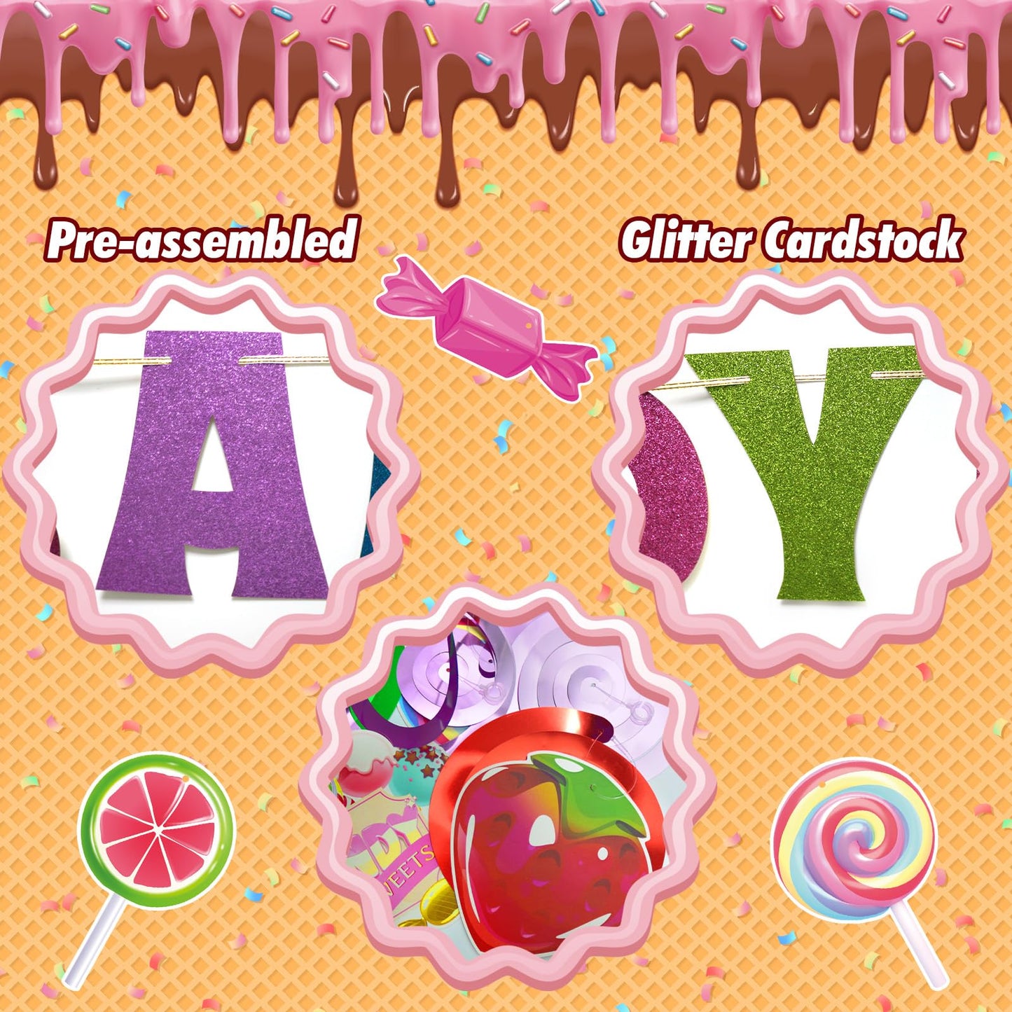 Candy Themed Party Decorations - Hanging Swirls, Banner, Birthday and Baby Shower Decor for Classroom - 11Pcs