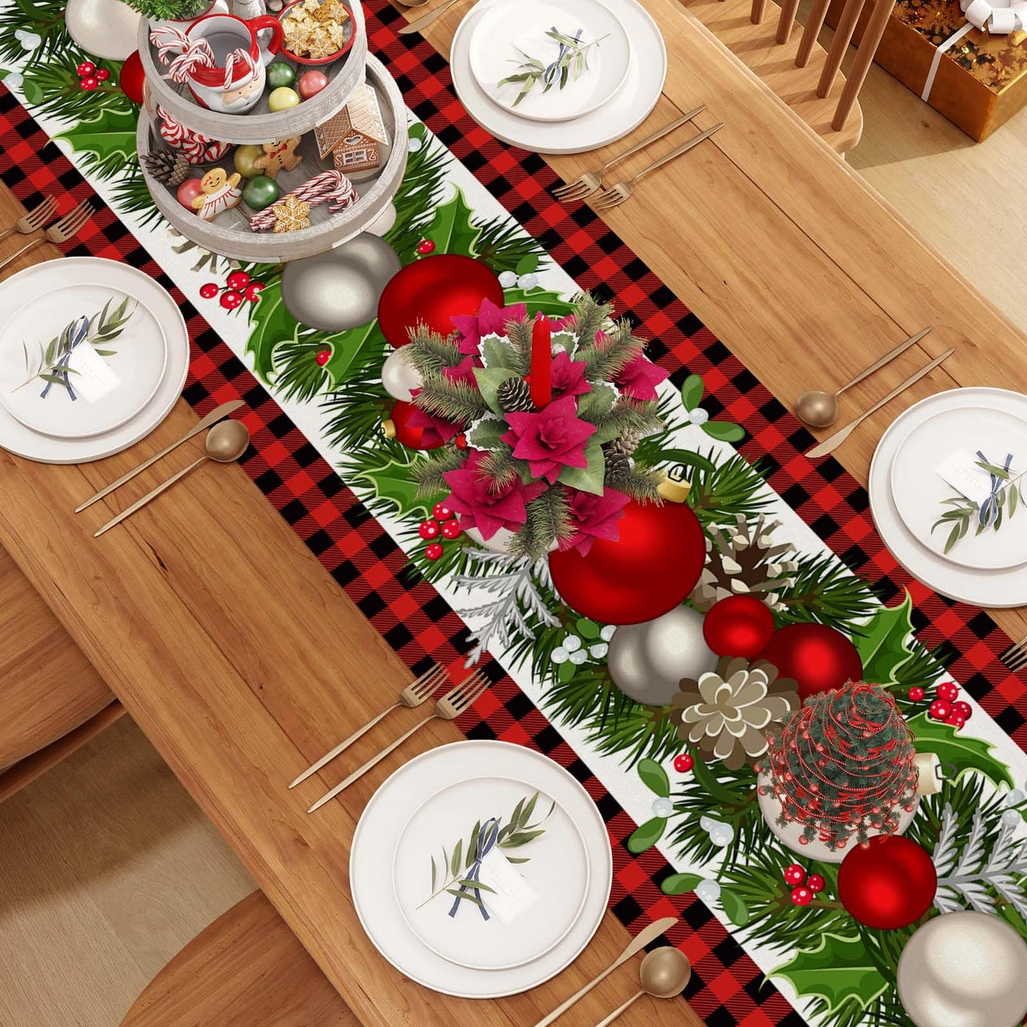 Jiudungs Linen Red and Black Buffalo Check Christmas Table Runner 72 Inches Long Seasonal Winter Christmas Xmas Holiday Farmhouse Style Table Decoration