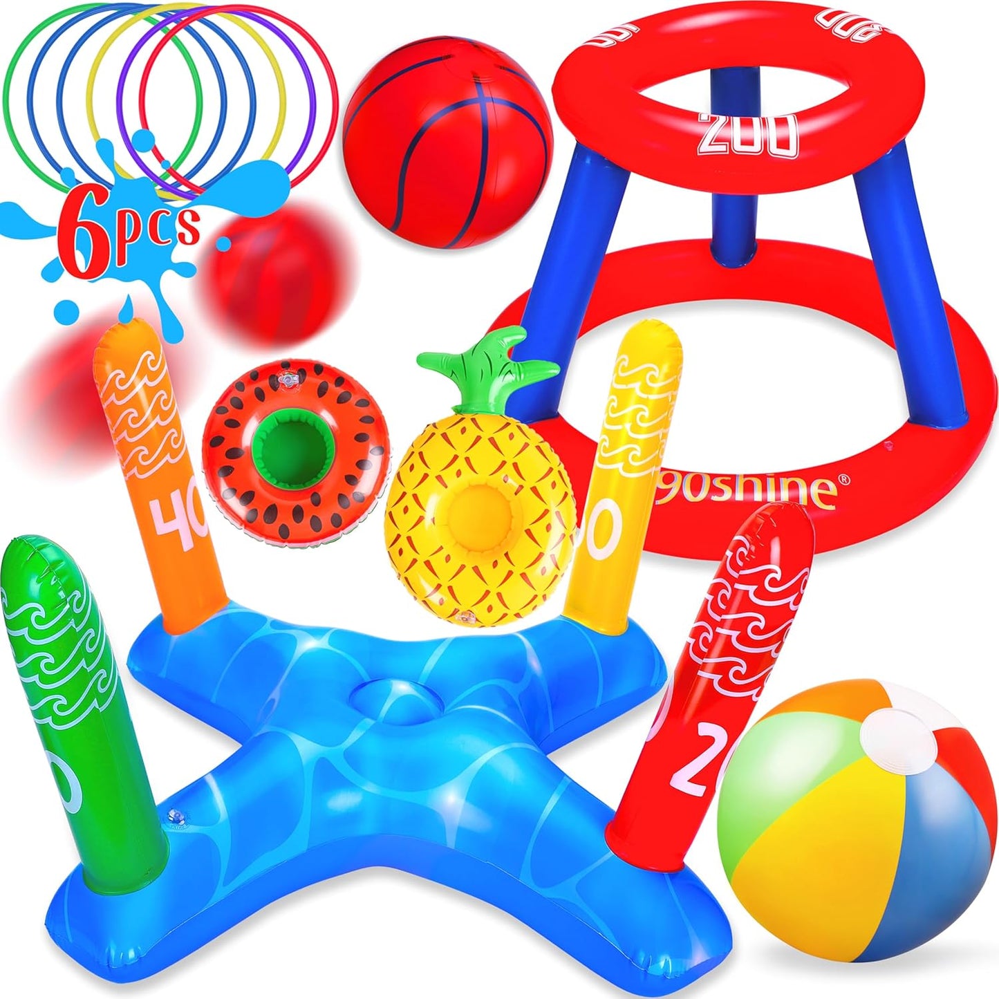 90shine 3 Sets Pool Toys Games for Adults and Family - Floating Basketball Hoop&Inflatable Ring Toss&Beach Ball for Kids Swimming Water Fun Floats Accessories