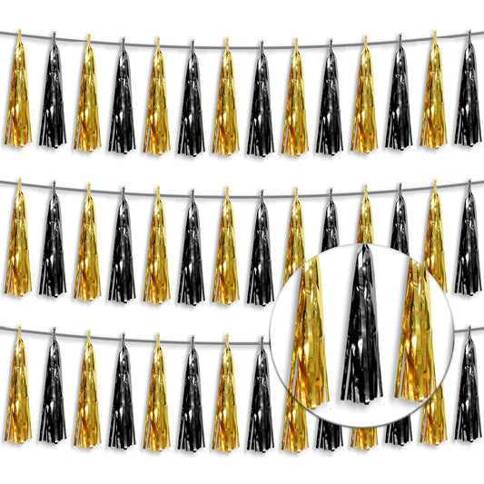 3P Metallic Fringe Tassel Banner Garland Foil Tinsel Streamer Wall Hanging Curtain Backdrop Banner for Parade Floats,Graduation Decorations, Father's Day,New Years Party Decoration(Black Gold)