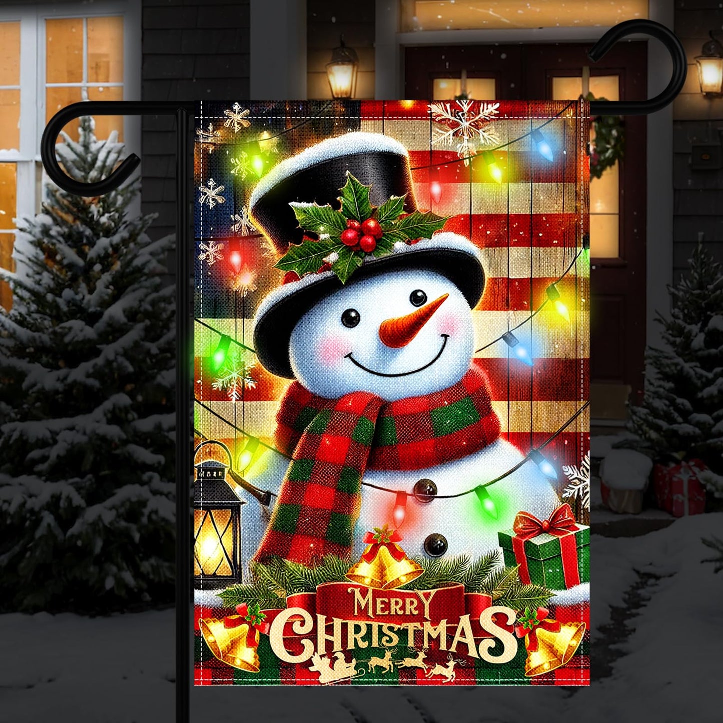 12 x 18 Inches Lighted Snowman Garden Flag Decorations - Double-Sided Vertical Christmas Holiday Yard Flag Sign with LED Lights, Indoor Outdoor House Patio Décor Party Supplies