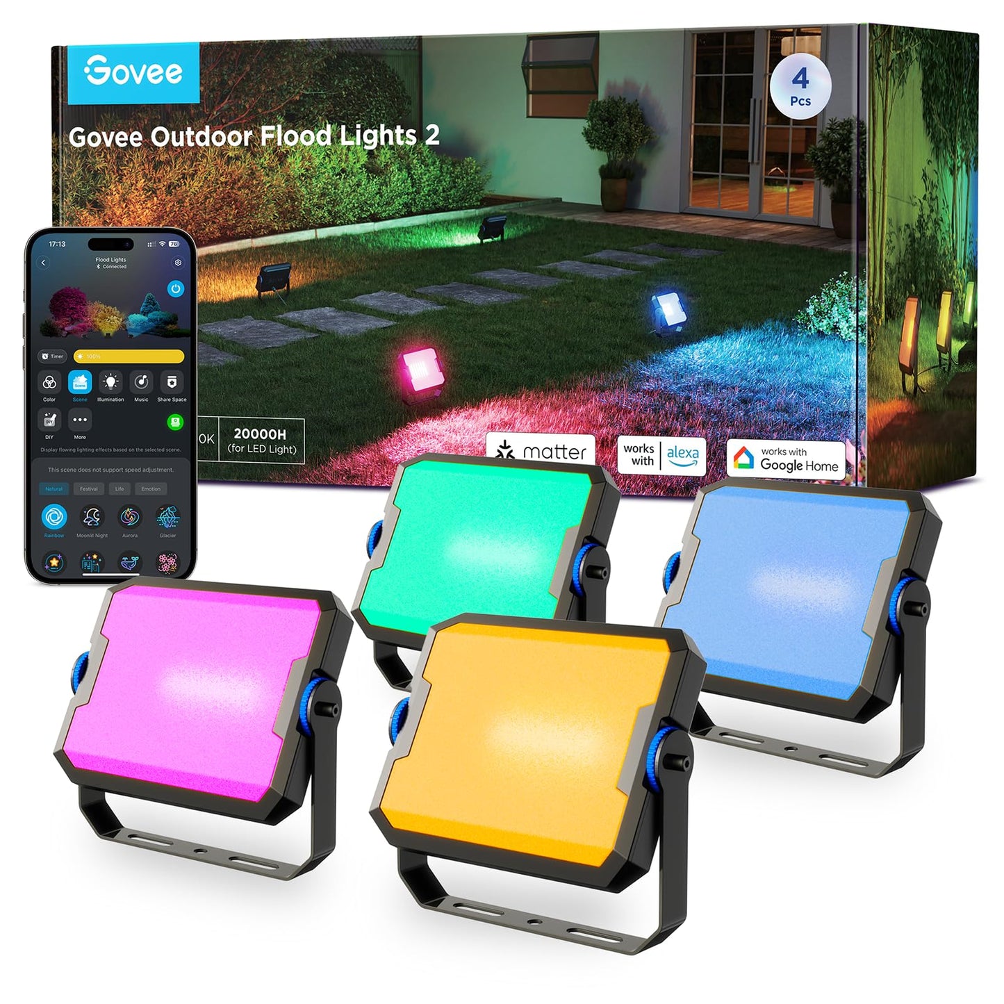 Govee Outdoor Flood Lights 2, RGBIC Warm Cold White LED Lights for Outdoor Decorations, 50 Scene Modes, Landscape Lighting, Upgrated IP66 with App Control, Wired 4 Pack