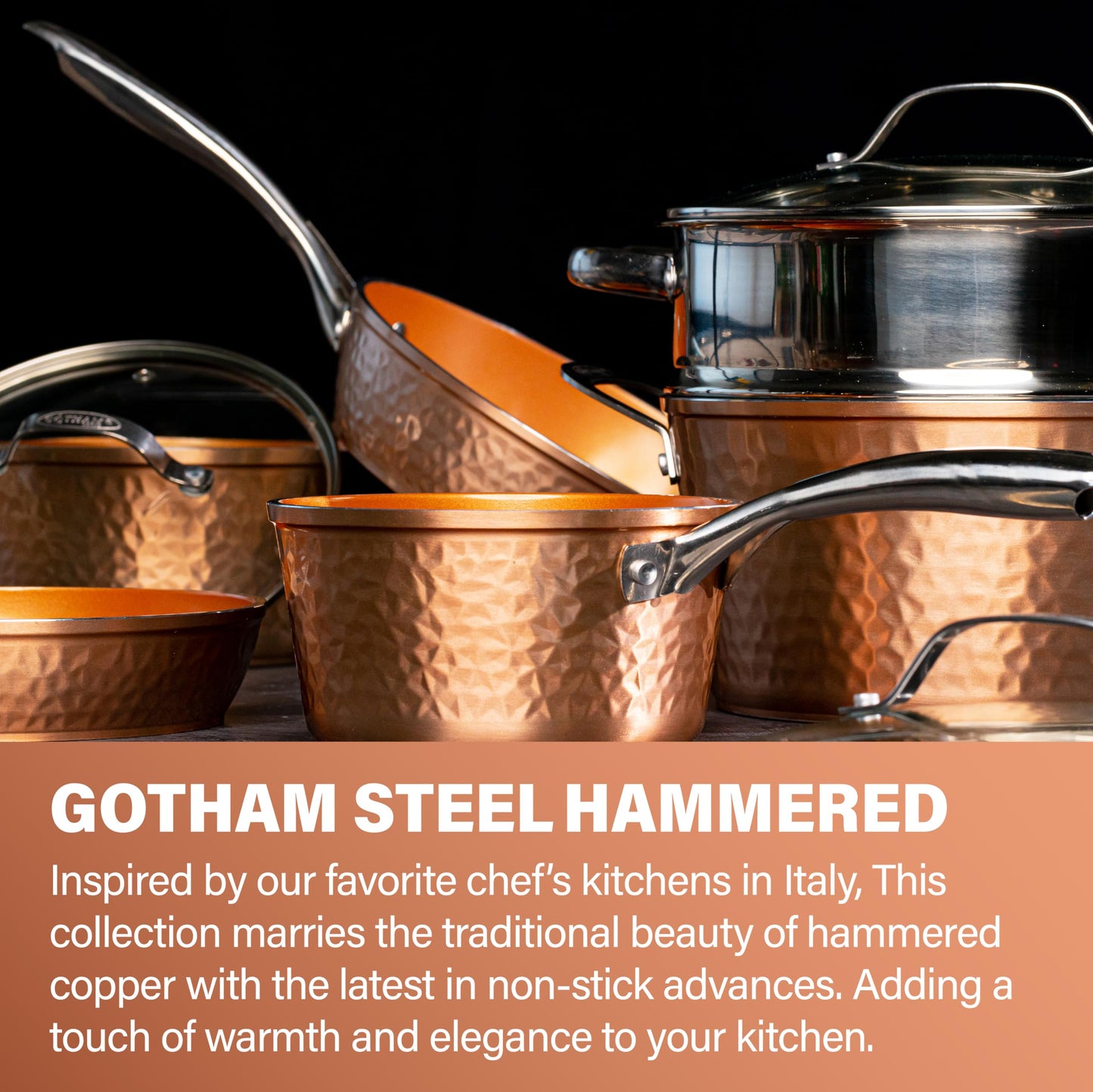 Gotham Steel Hammered 15 Pc Ceramic Cookware Set Nonstick, Deep Copper Pots and Pans Set Non Stick with Induction Cookware, Cooking Utensils & Steamer, Non Toxic PFOA PFOS Free, Oven & Dishwasher Safe