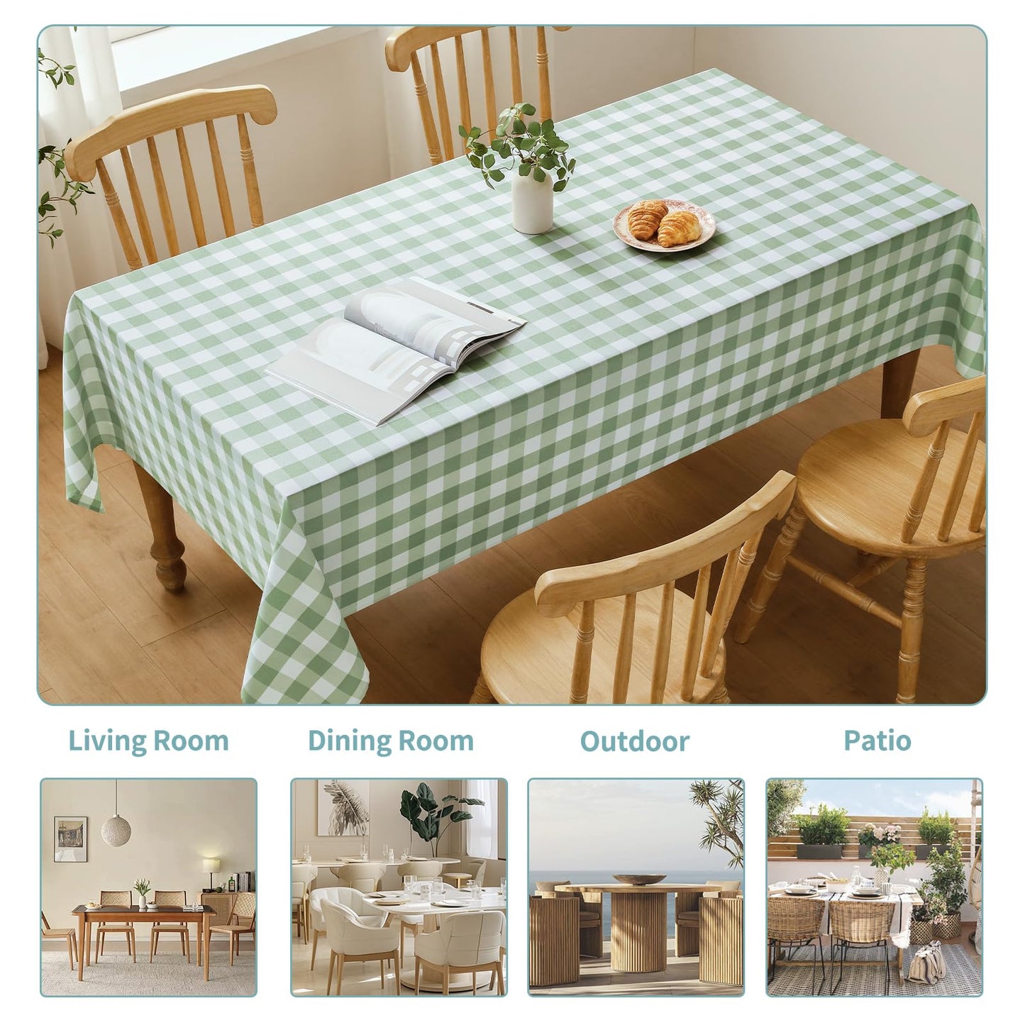Veblandy Checkered Tablecloth Rectangle Waterproof Gingham Table Cloth Washable Buffalo Plaid Table Cover Wrinkle Free for Kitchen, Dining and Outdoor Picnic, 60 x 102 Inch, Sage Green and White