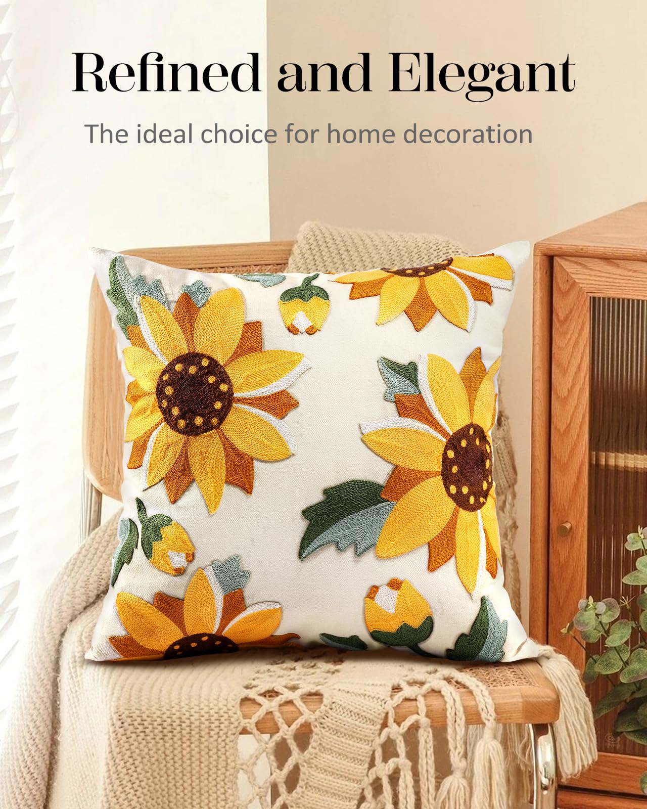 Kokaaee Embroidered Throw Pillow Cover - 18x18 inch Decorative Pillow Covers with Zipper Pillow Cover for Living Room Couch Sofa Bed Aesthetic Design Sunflower Linen Cotton Pillowcase Covers