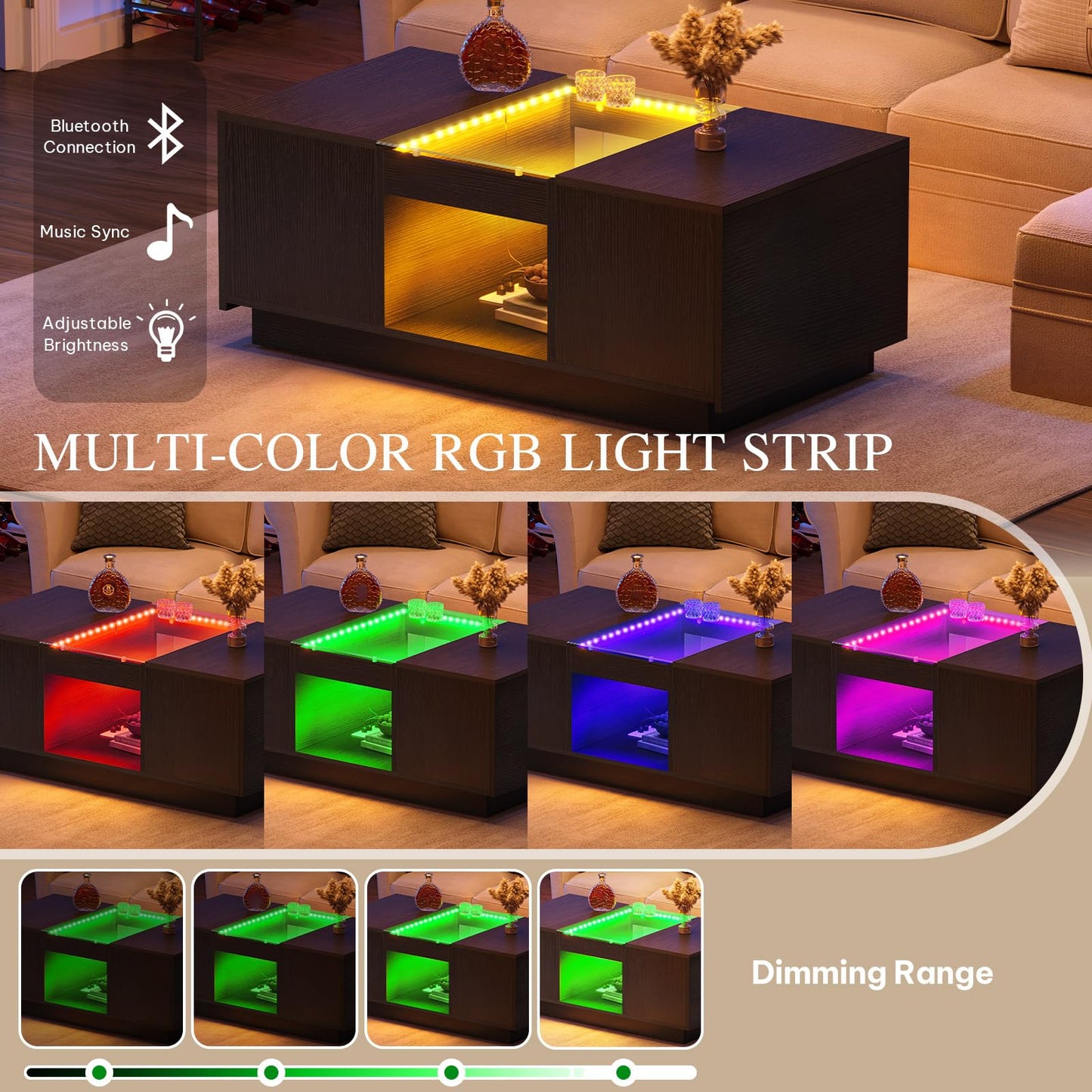 YITAHOME Modern Coffee Table with LED Lights, Rectangle Coffee Table with 2 Large Drawers, Spacious Glass Coffee Table, Upscale Large Living Room Table with Power Outlets and Remote Control, Black