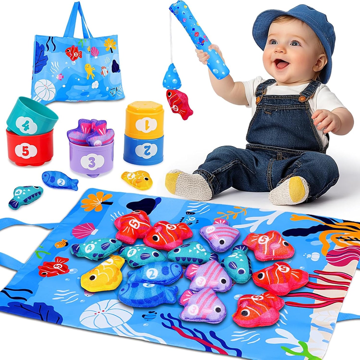 Montessori Toys for 1 Year Old - Cloth Fishing Game Baby Toys 6-12 12-18 Months with Stacking Cups - Sorting Learning Toddler Toy Age 1-2 - Babies First Birthday Gifts for 1 2 3 Year Boy Girl