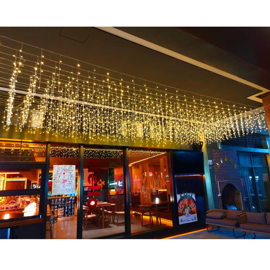JAMISAY LED Icicle Lights, 8 Modes 16.4FT 112 LEDs Christmas Short Curtain Fairy Hanging Ceiling Extendable Lights for Wedding Balcony Doorway Outdoor Indoor Decoration Warm White, 5M04