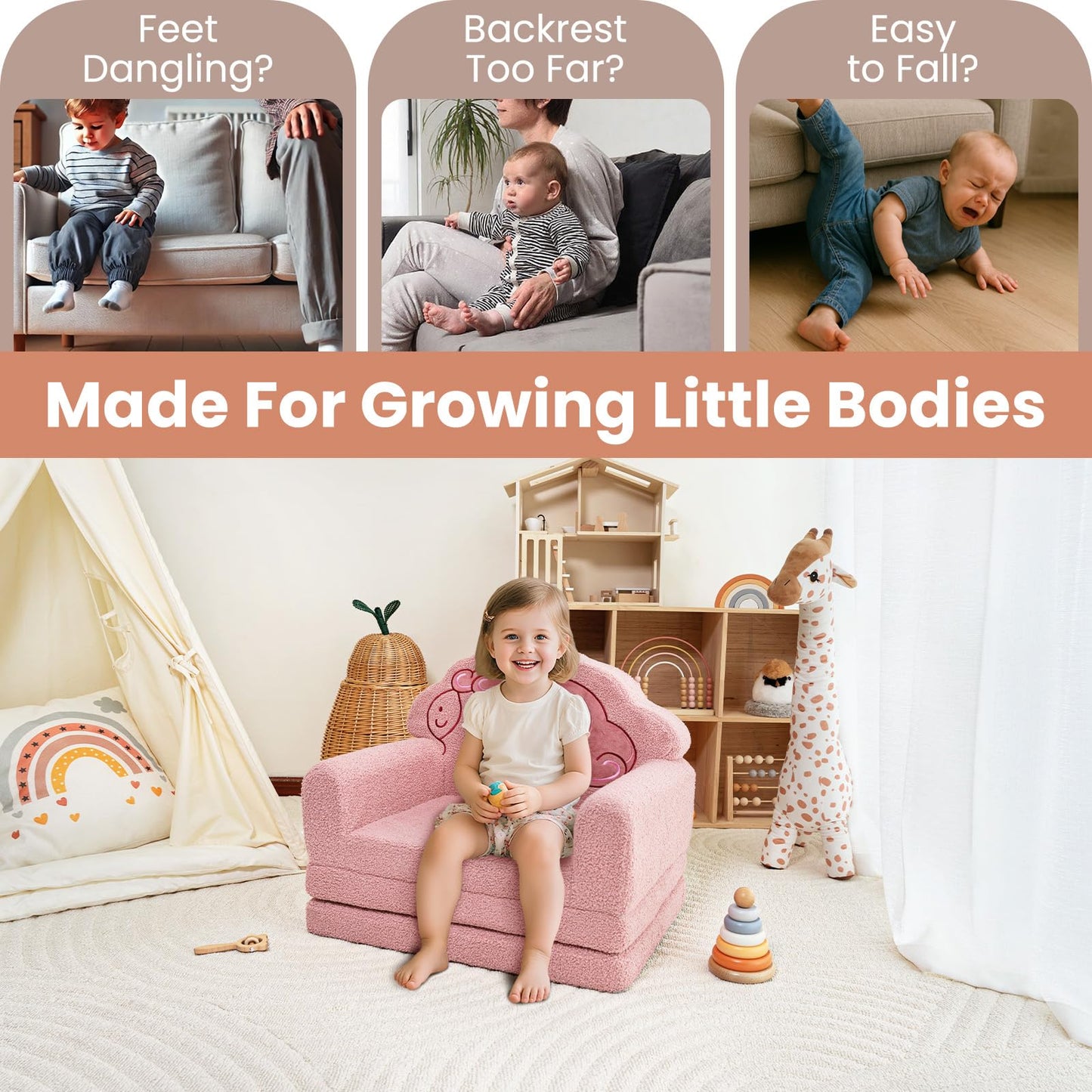 TinyPalsa Kids Couch, 53.1”x23.6” Sofa Bed, Convertible Sofa to Lounger Fold Out, Pink Unicorn Design Chair for Toddlers 1-3, Gift for Birthday, Movie Night